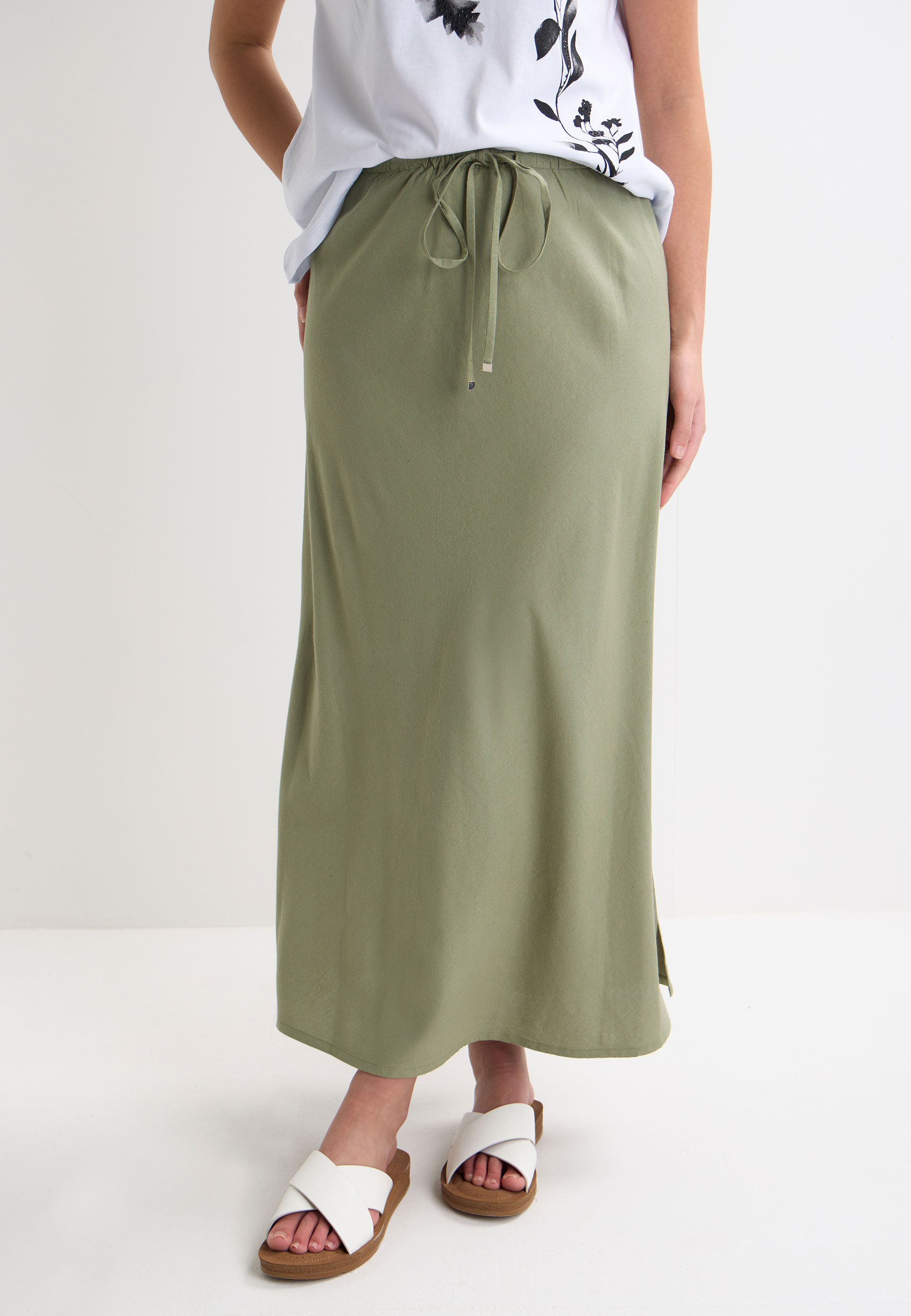Womens Khaki Plain Linen Midi Skirt