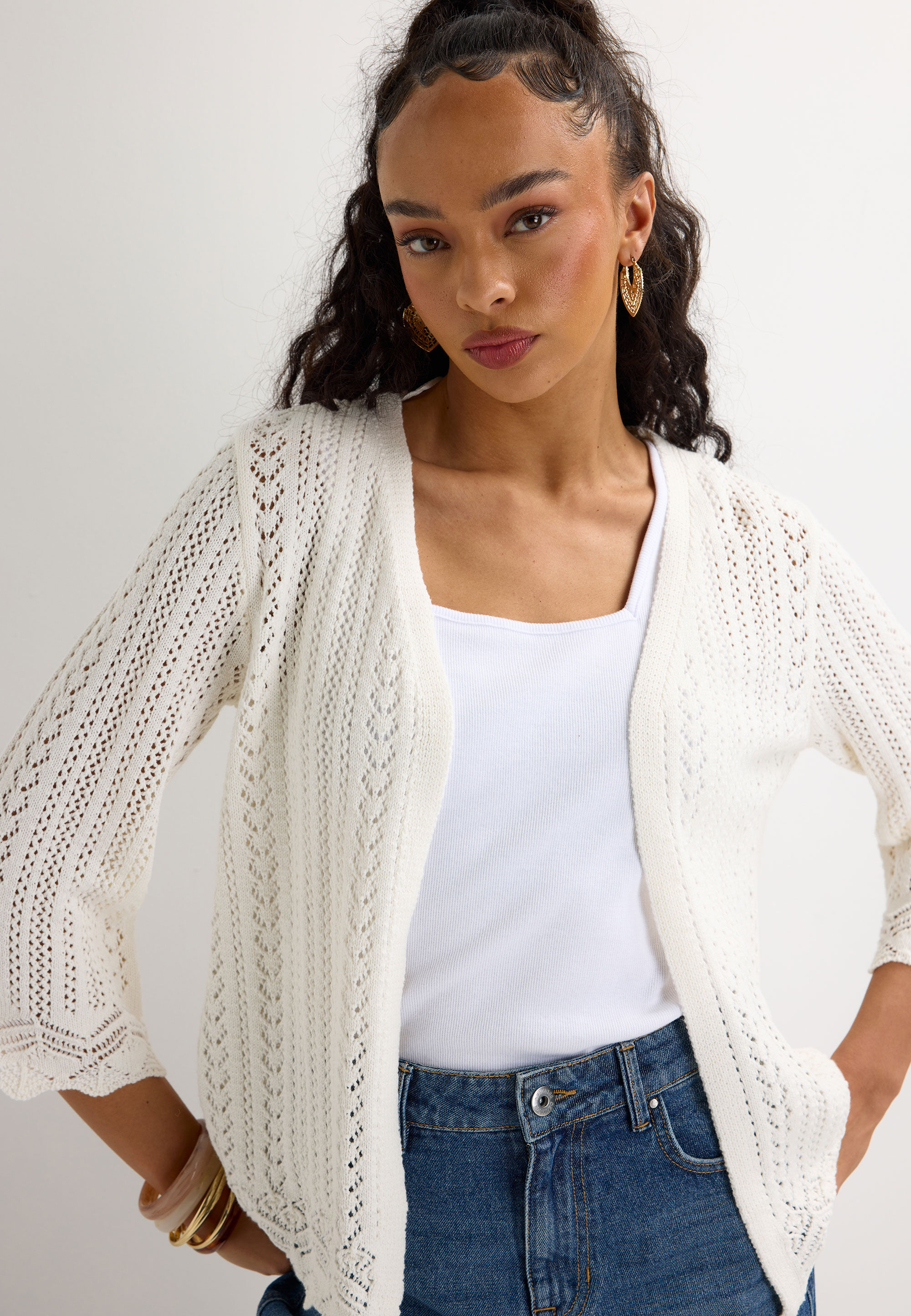 Womens Cream Crochet Knit Cardigan
