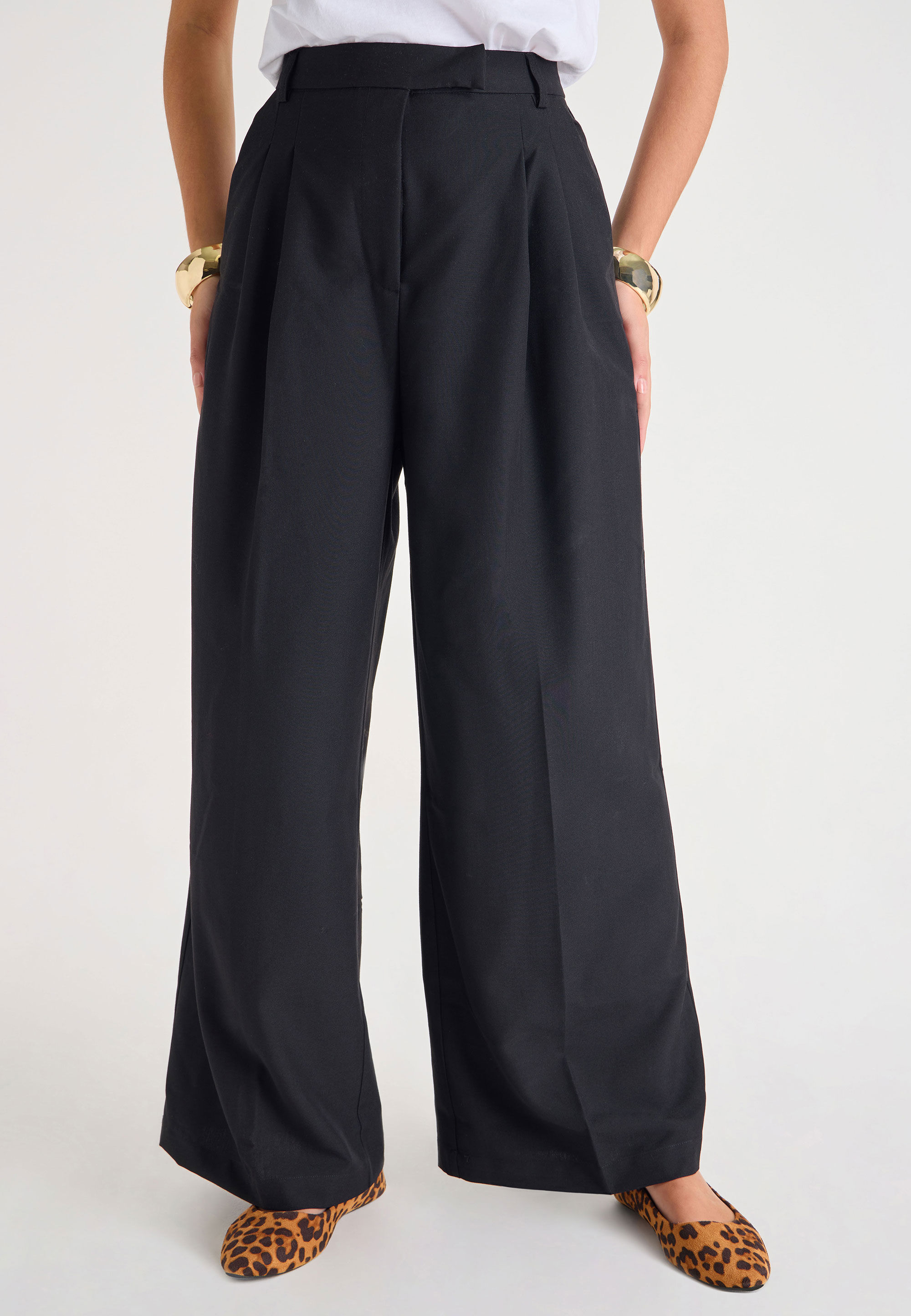 Womens Black Wide Leg Front Pleat Trousers