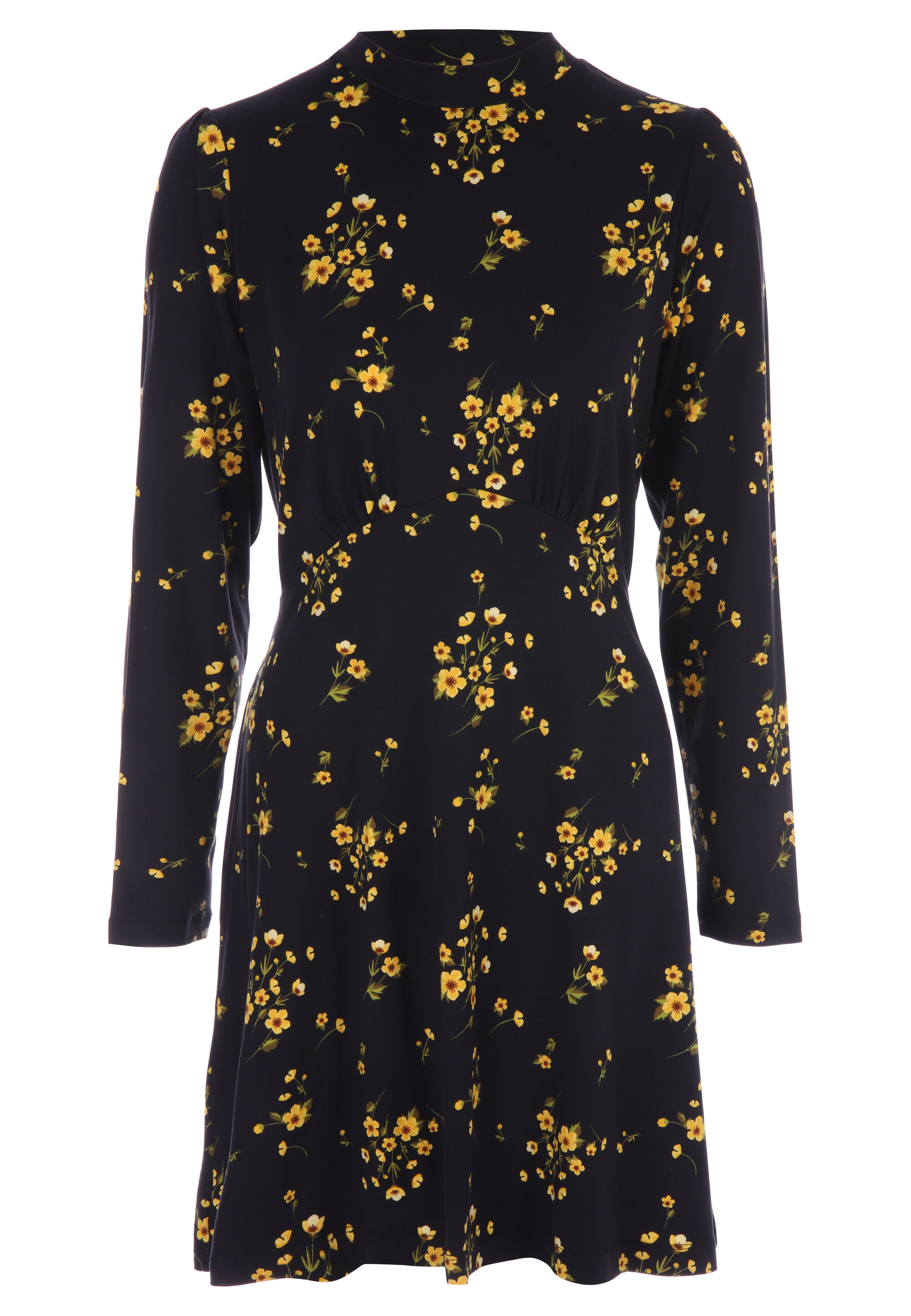 Womens Black & Yellow Floral High Neck Dress