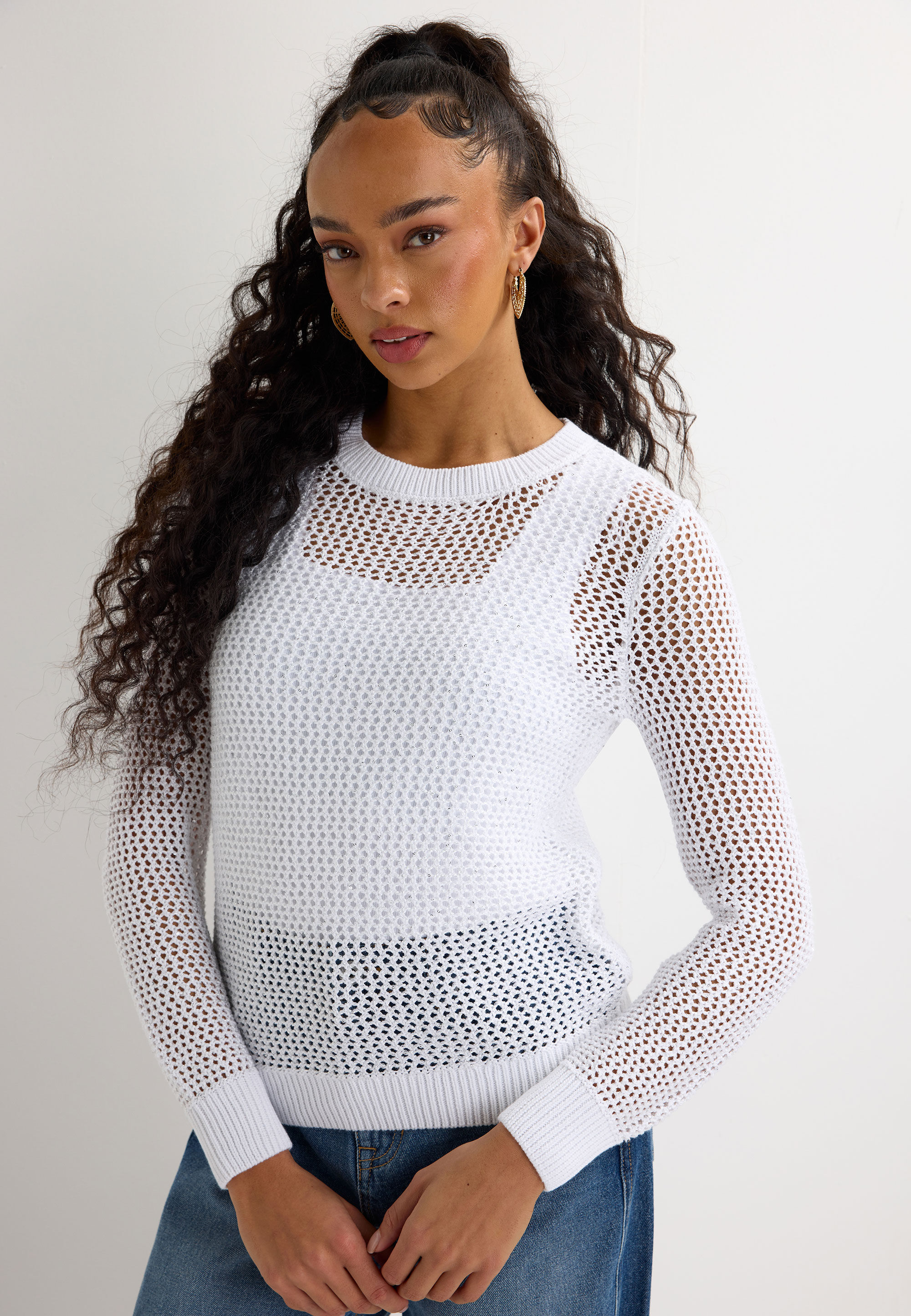 Womens White Sequin Stitch Crew Neck Jumper