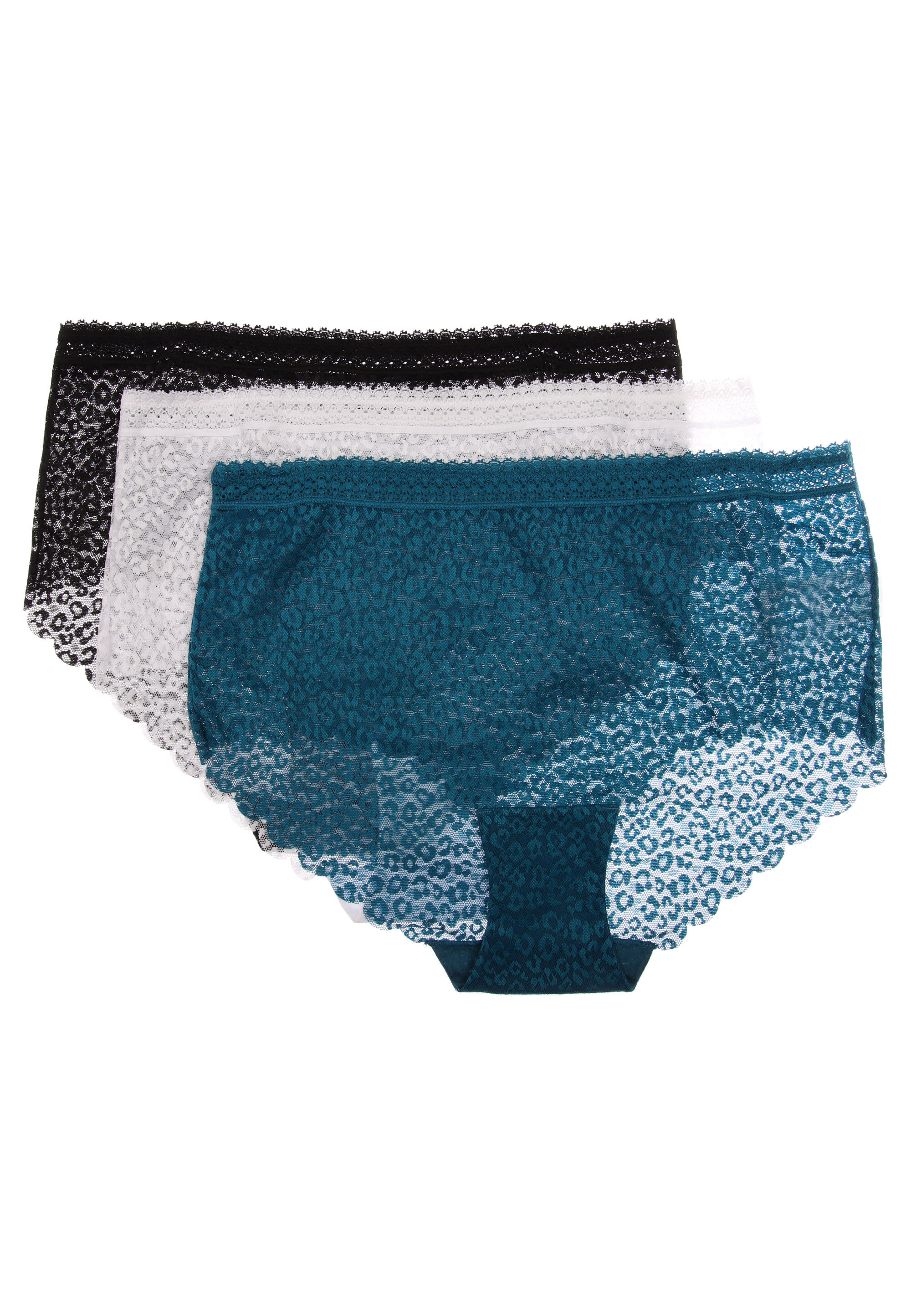 Womens 3pk Teal, White & Black High Waist Lace Briefs