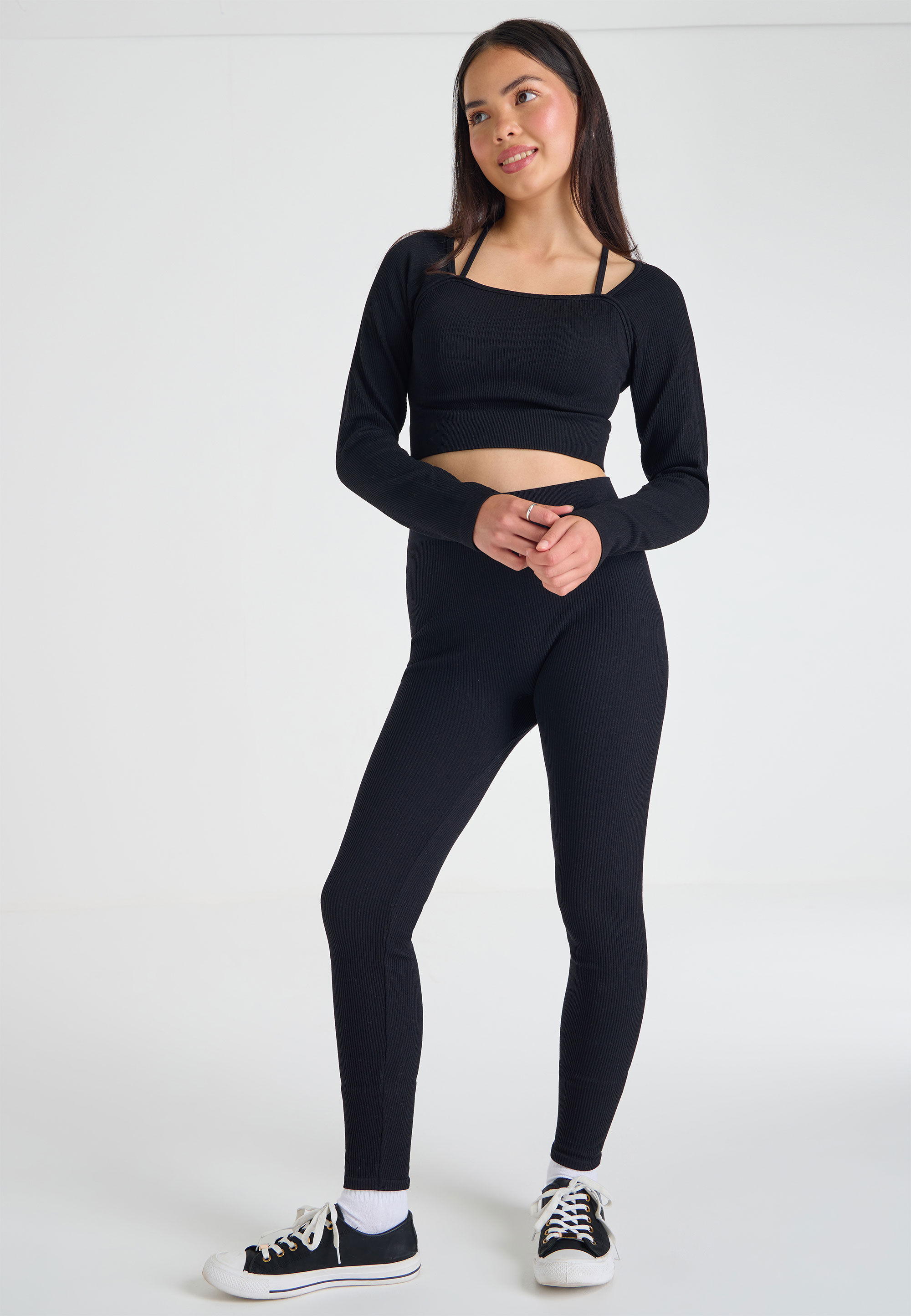 Older Girls Black 2-in-1 Seamless Top