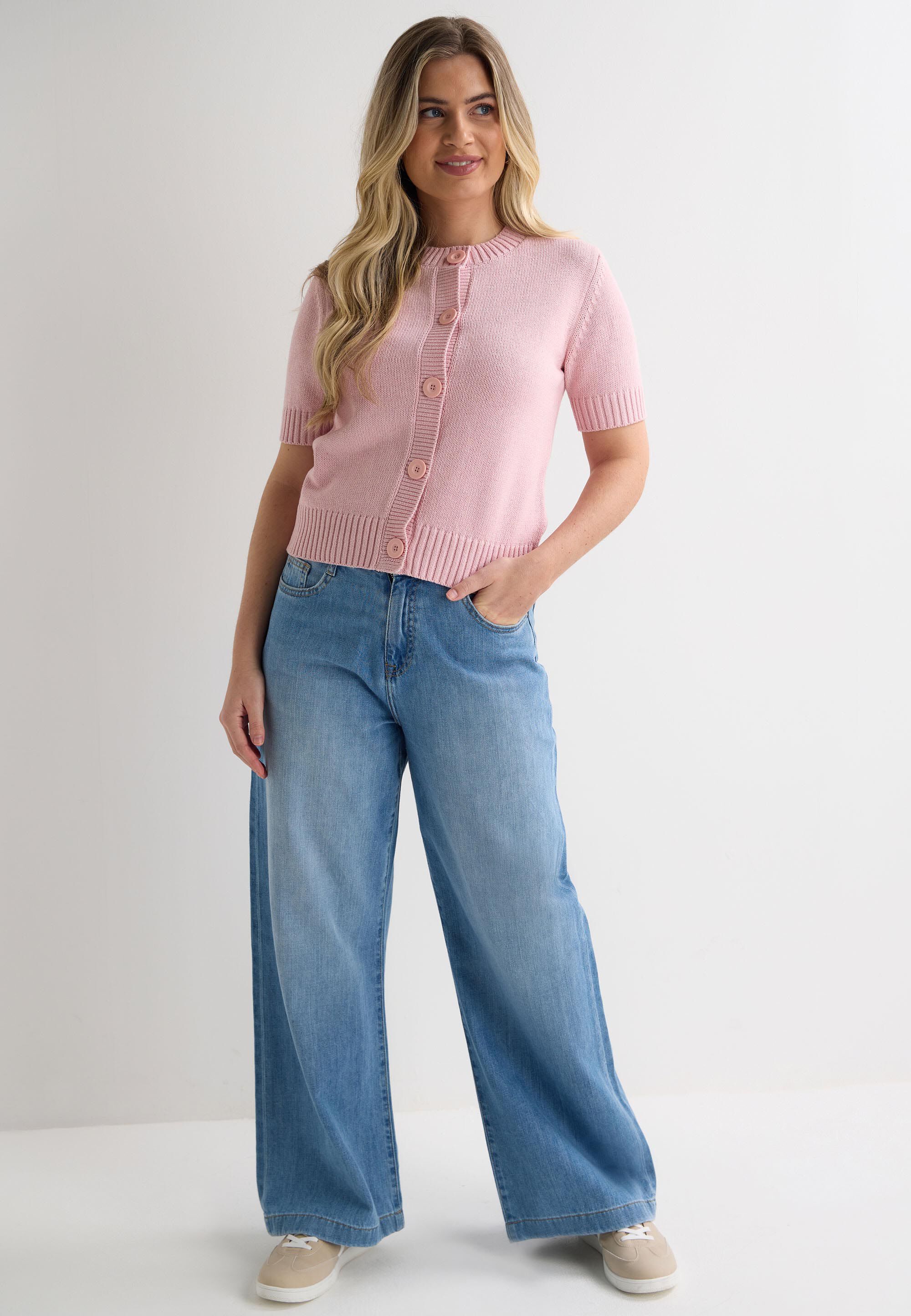 Womens Pink Button Front Short Sleeve Cardigan