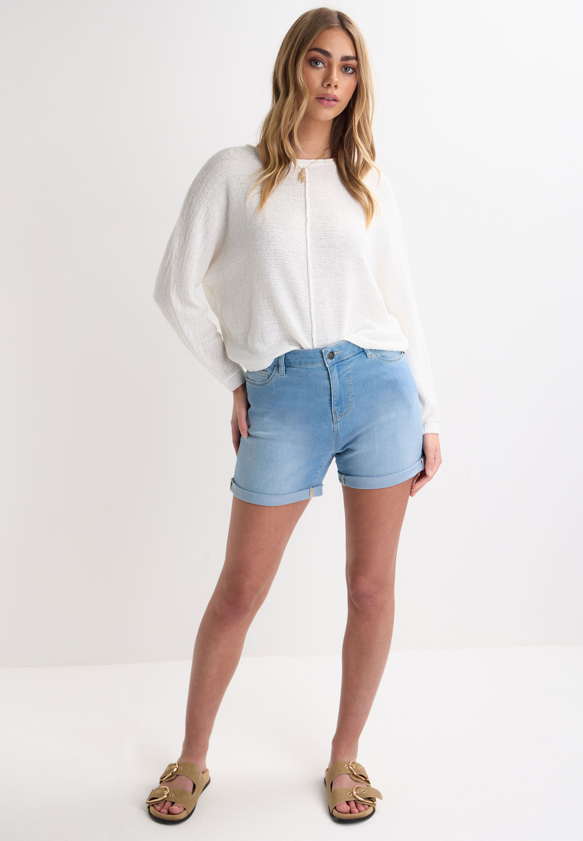 Womens Light Blue Mid Length Denim Shorts