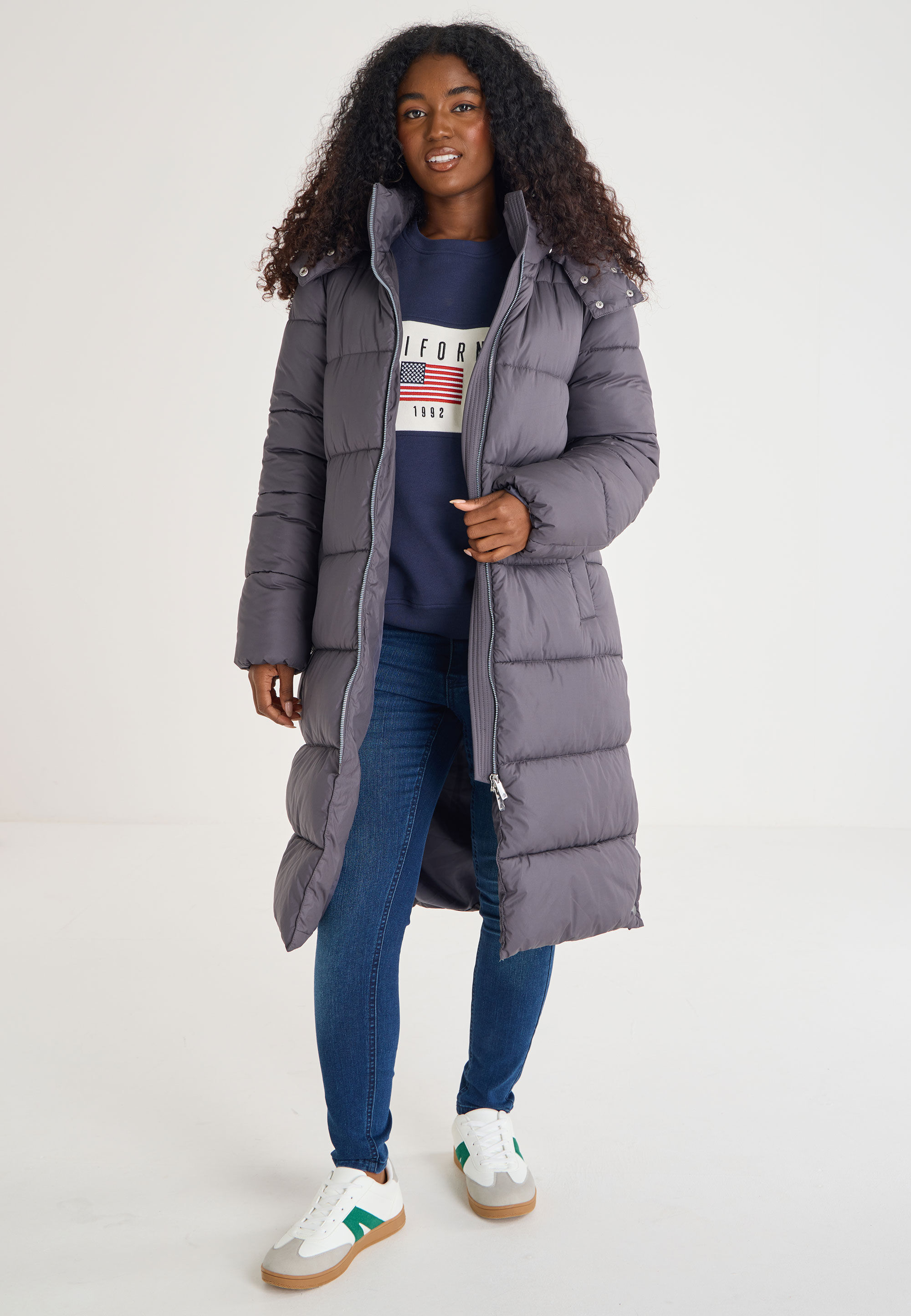 Womens Charcoal Longline Padded Coat