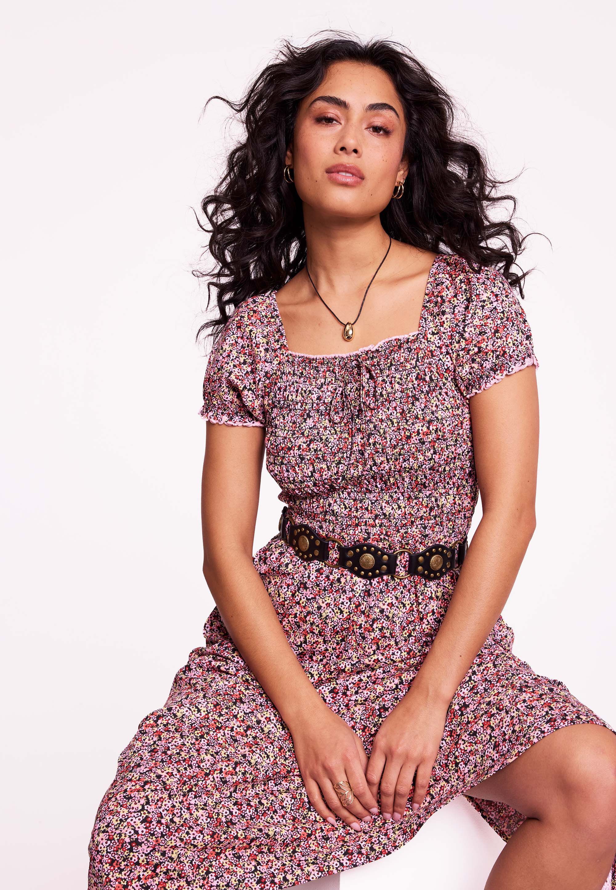 Womens Red Floral Milkmaid Shirred Tie Detail Midi Dress