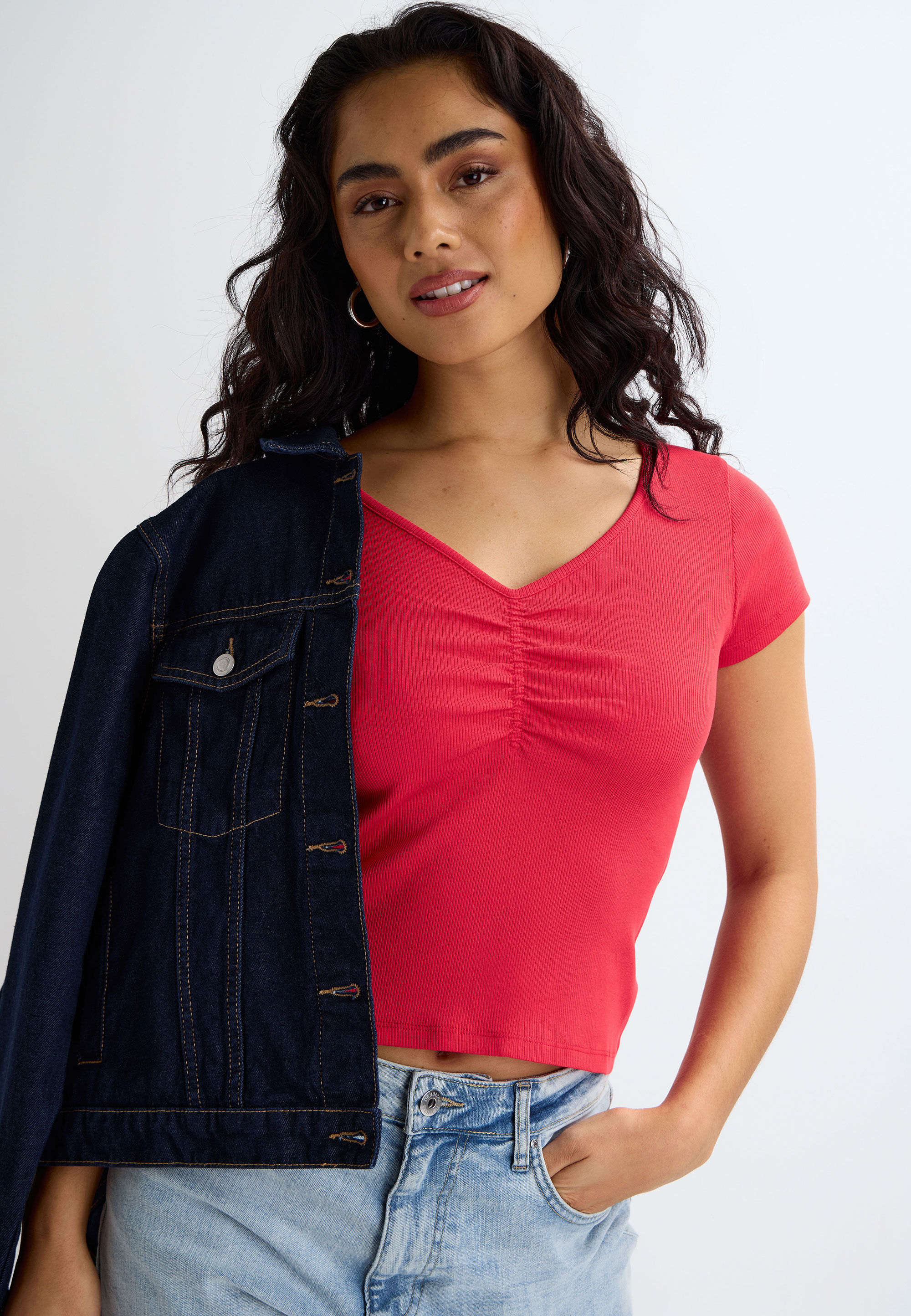 Womens Red Ruched Short Sleeve Top