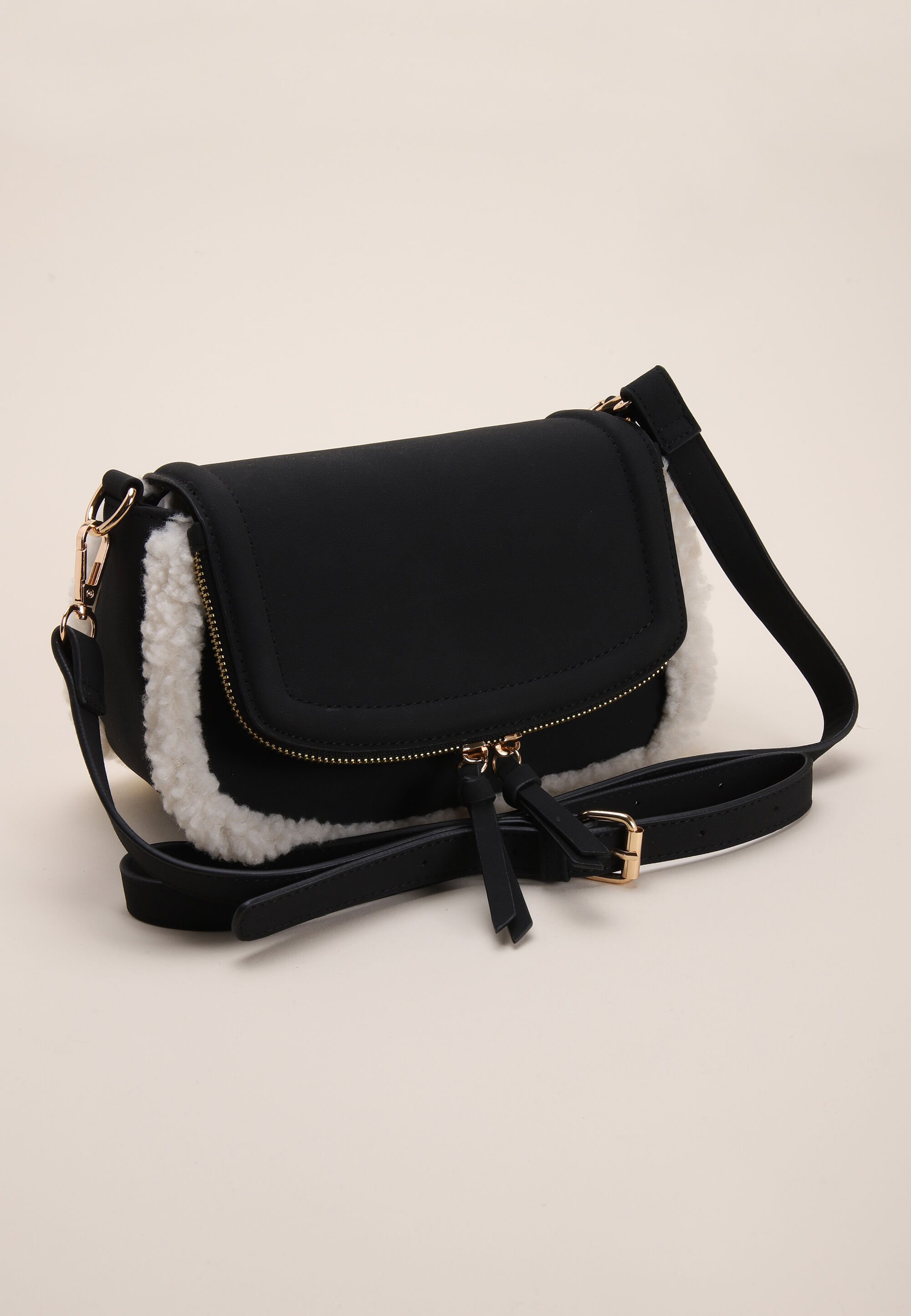 Womens Black Suedette Borg Shoulder Bag
