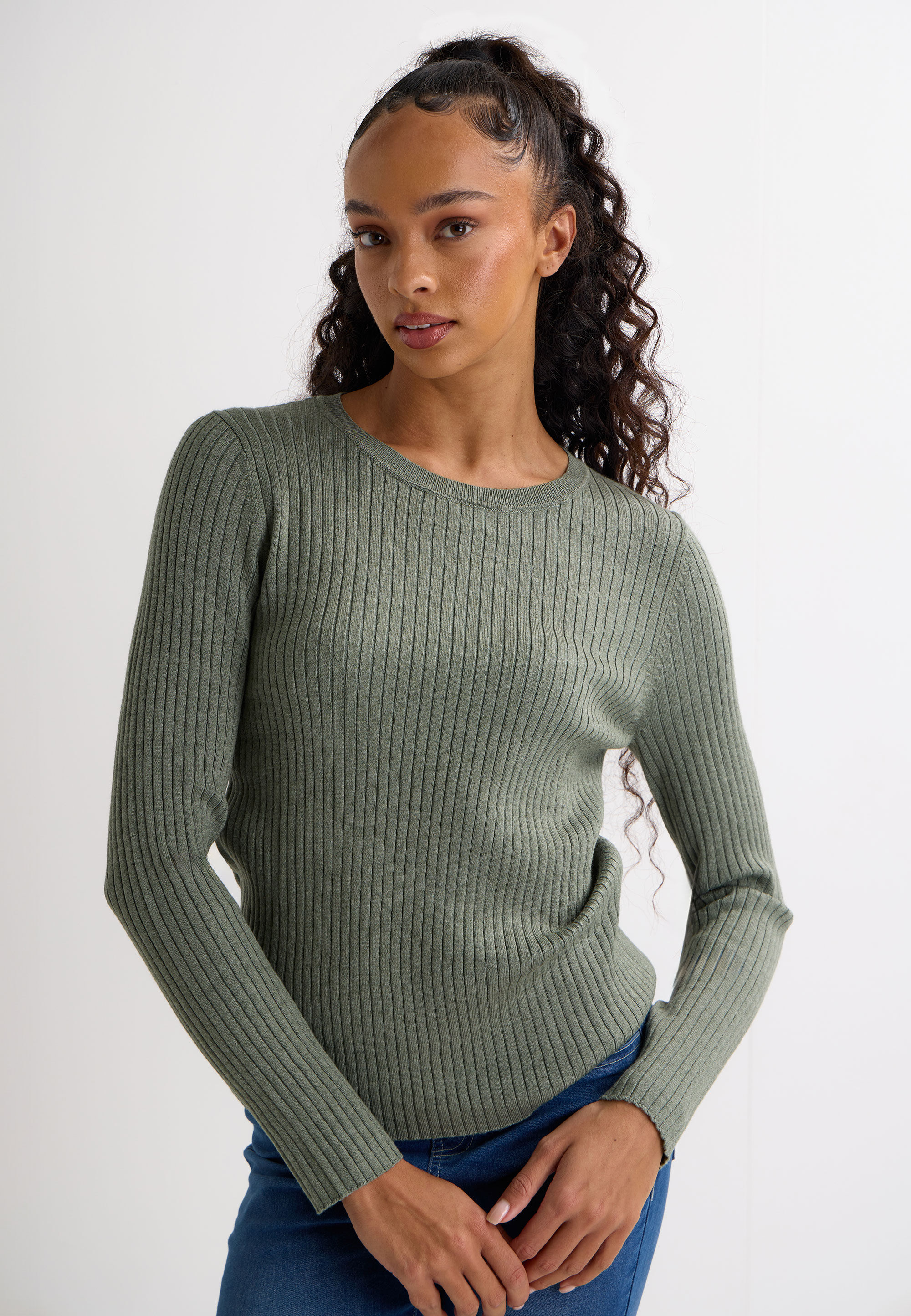 Womens Khaki Plain Ribbed Jumper
