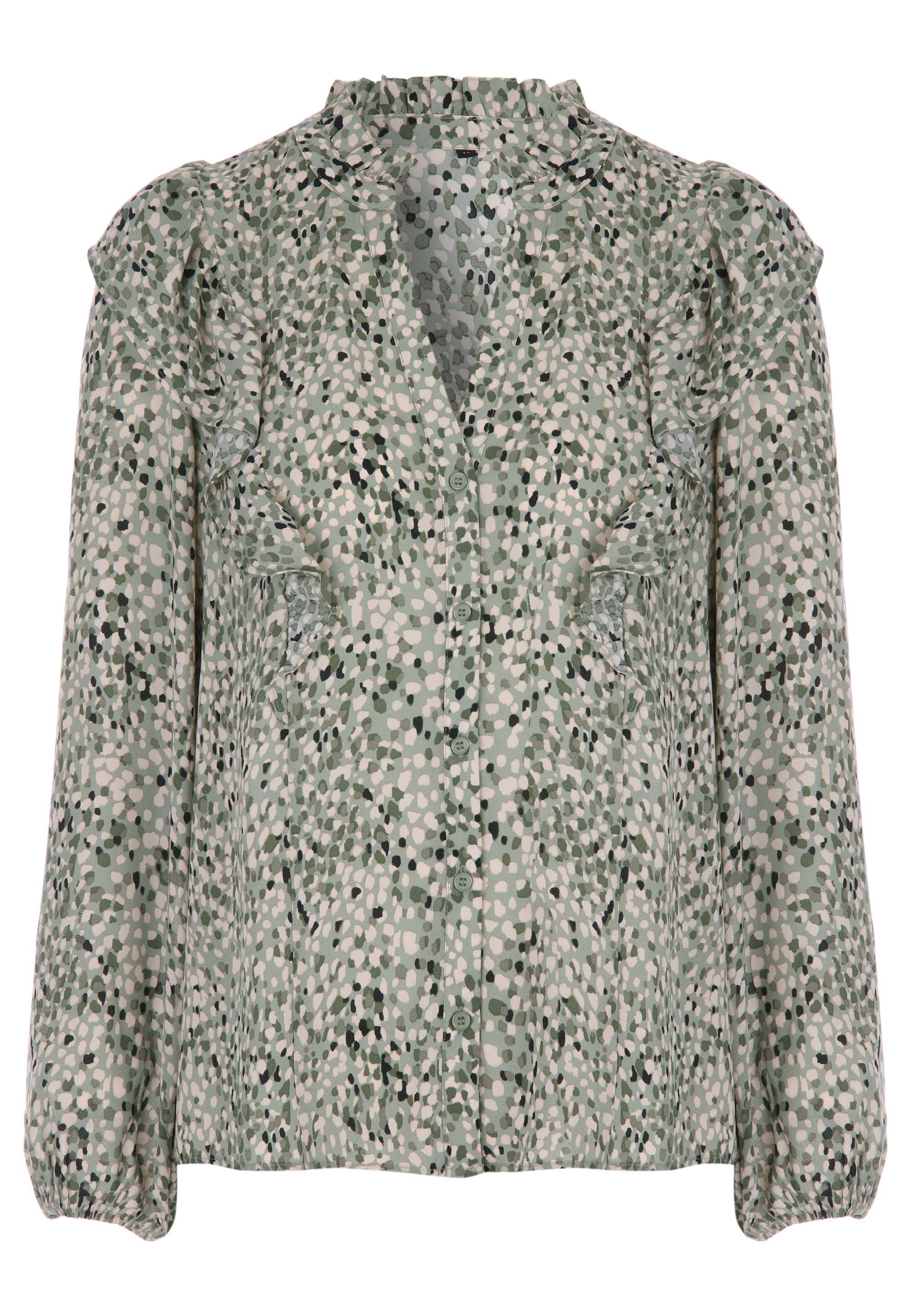 Womens Green Print V-Neck Ruffle Blouse