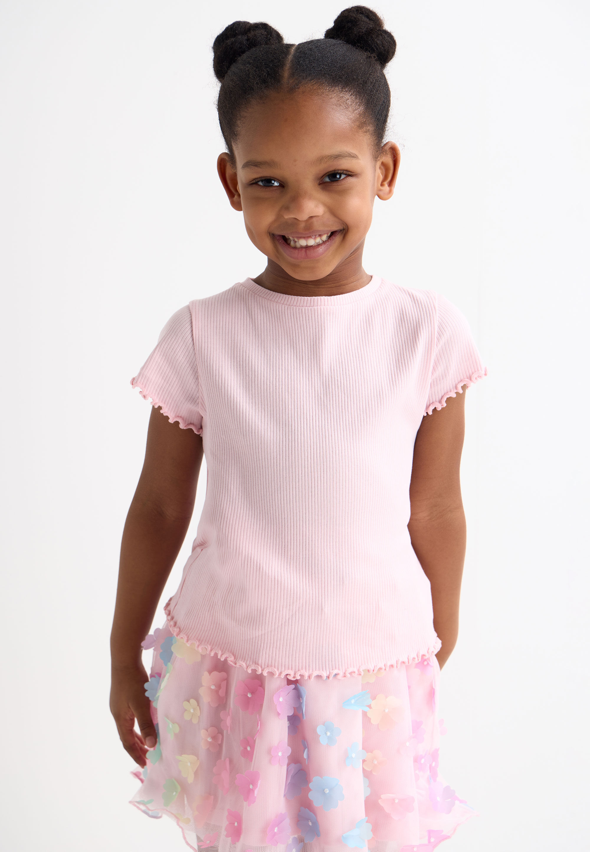 Younger Girls Pink Ribbed Frill Hem Top