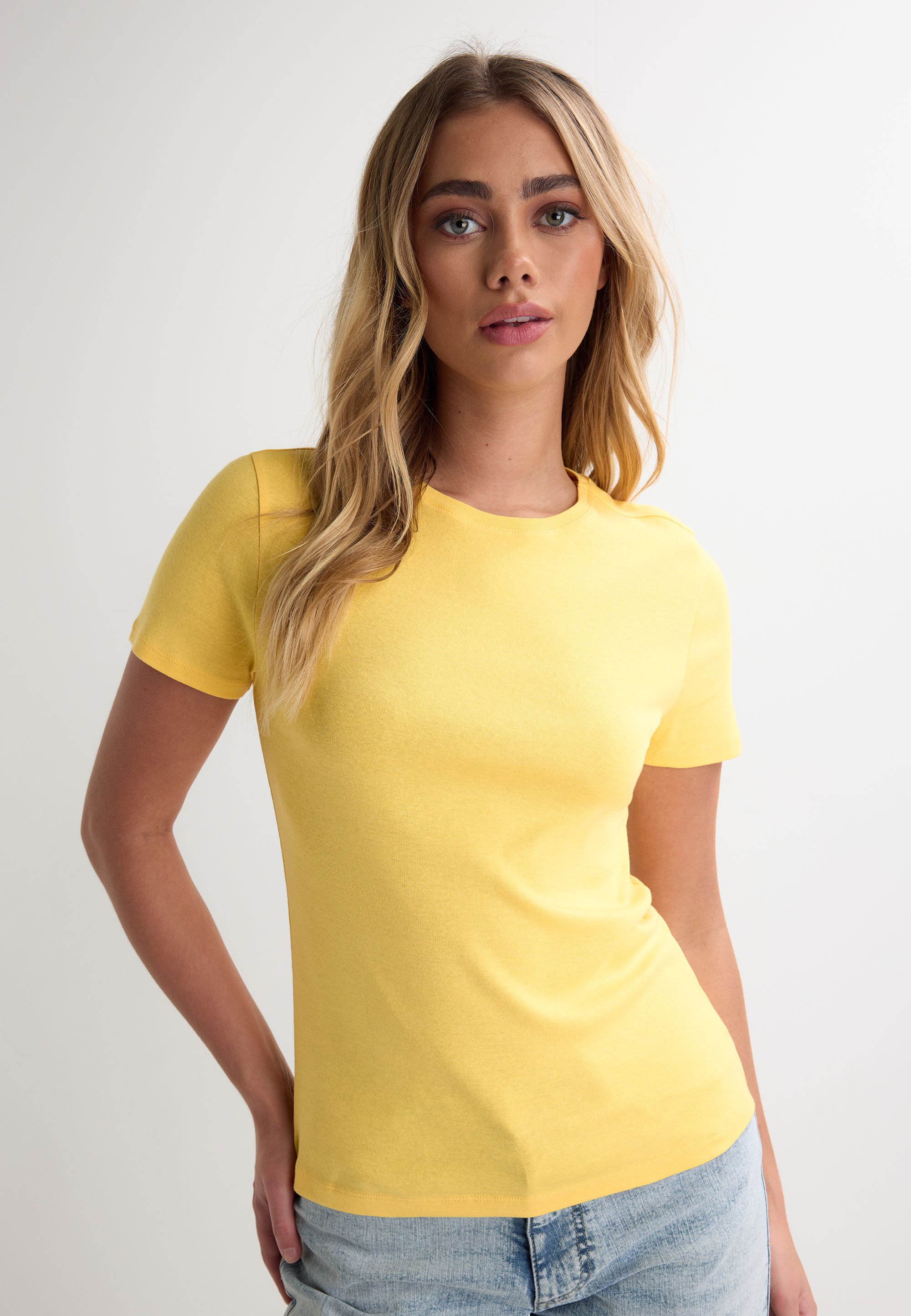 Womens Yellow Plain Fitted Crew Neck Top