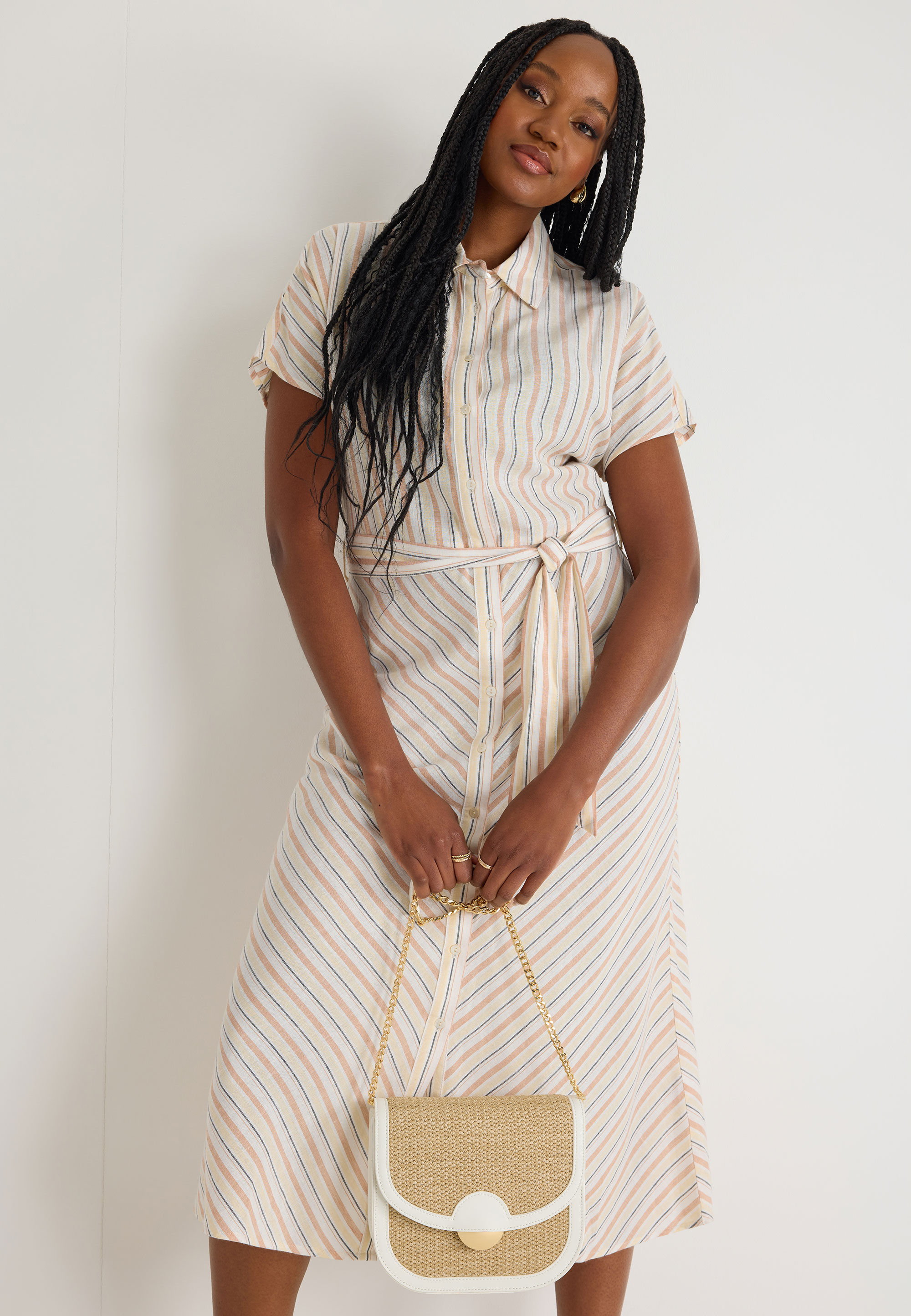 Womens Cream Stripe Shirt Dress