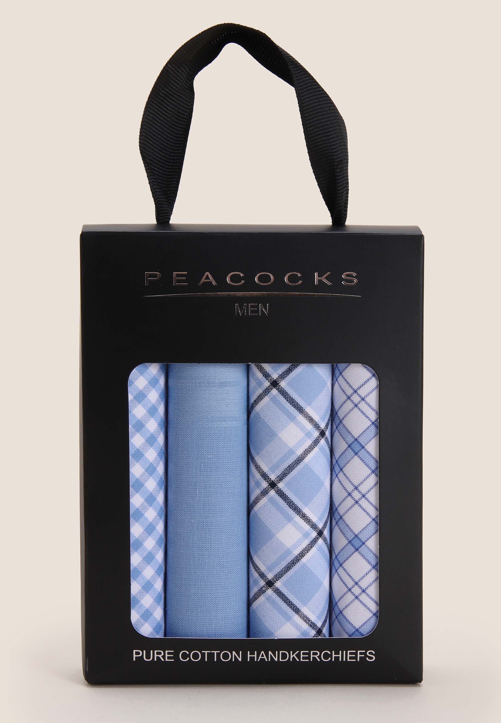 Mens 4pk Blue Check Cotton Handkerchiefs