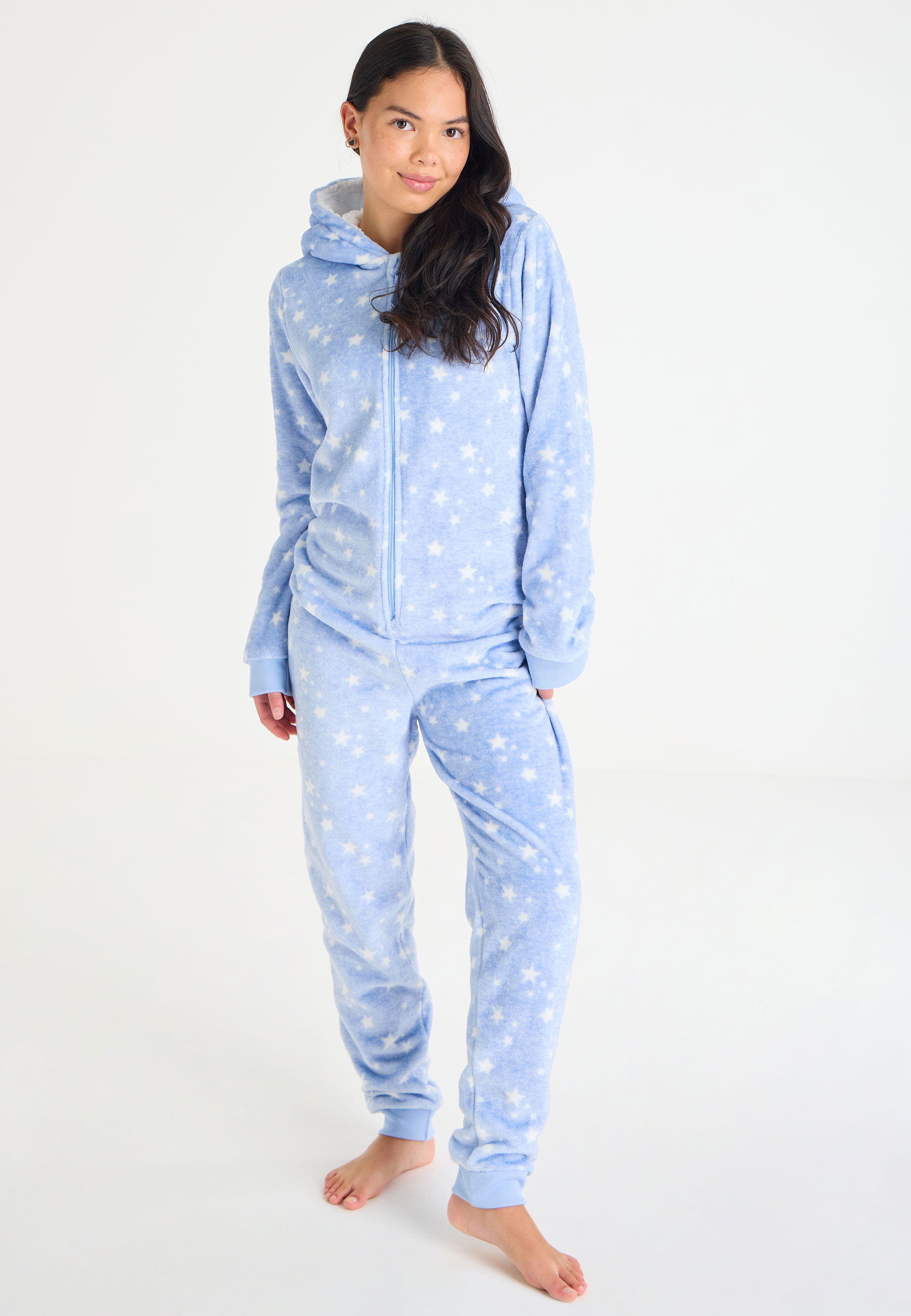 Older Girls Blue Star Fleece Hooded Onesie