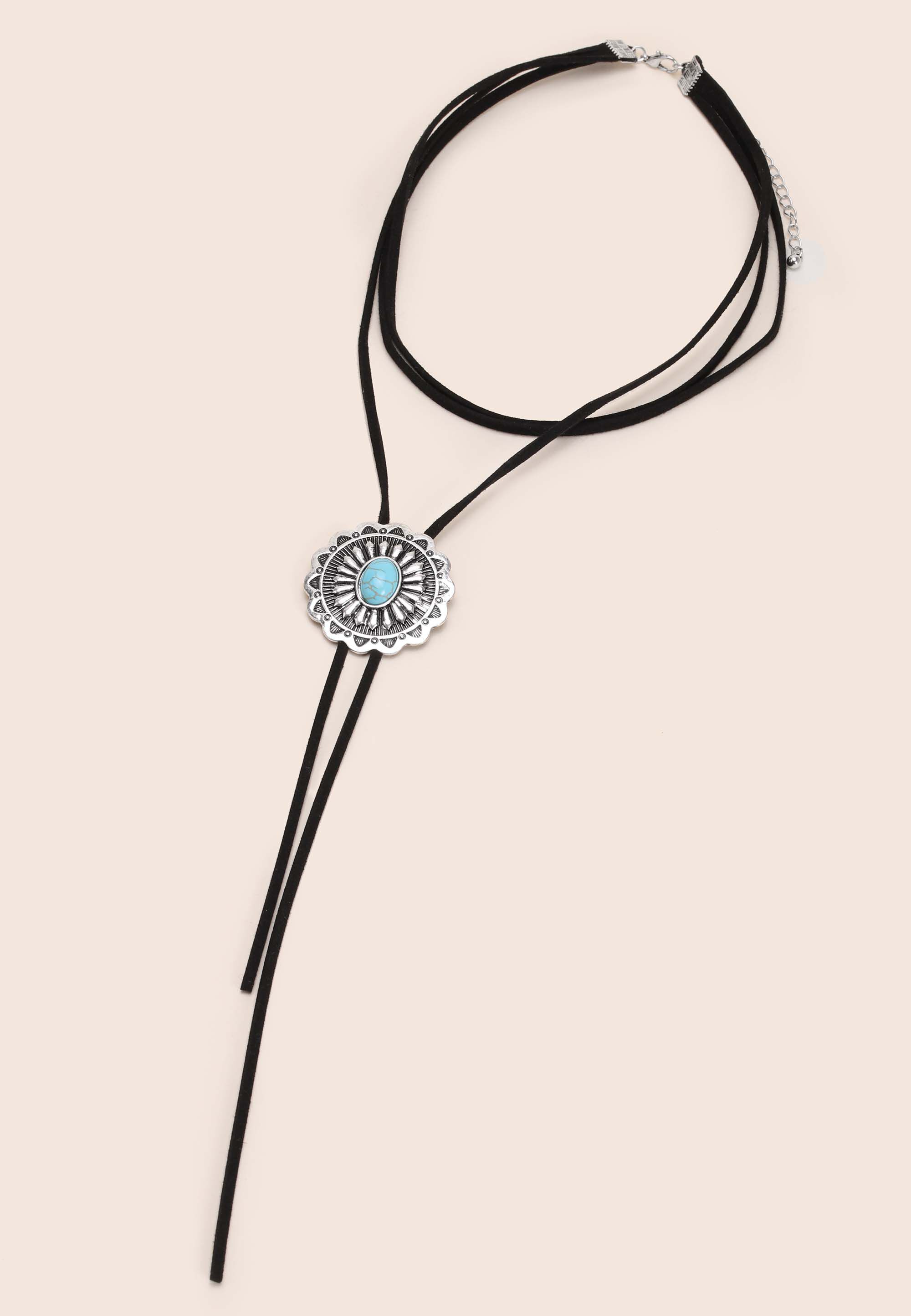 Womens Turquoise Bolo Tie Cord Pendant Necklace