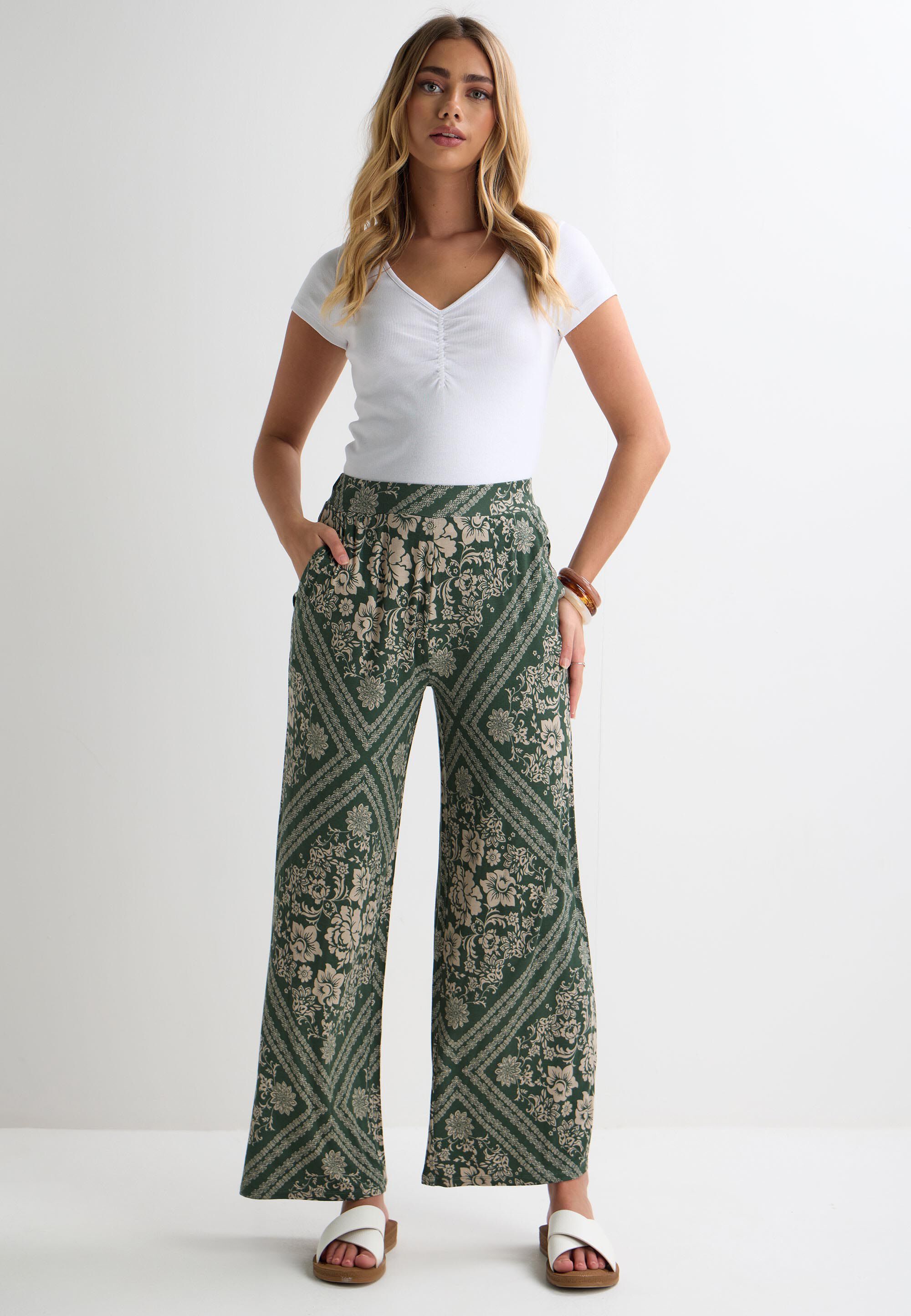 Womens Khaki Floral Print Wide Leg Trousers