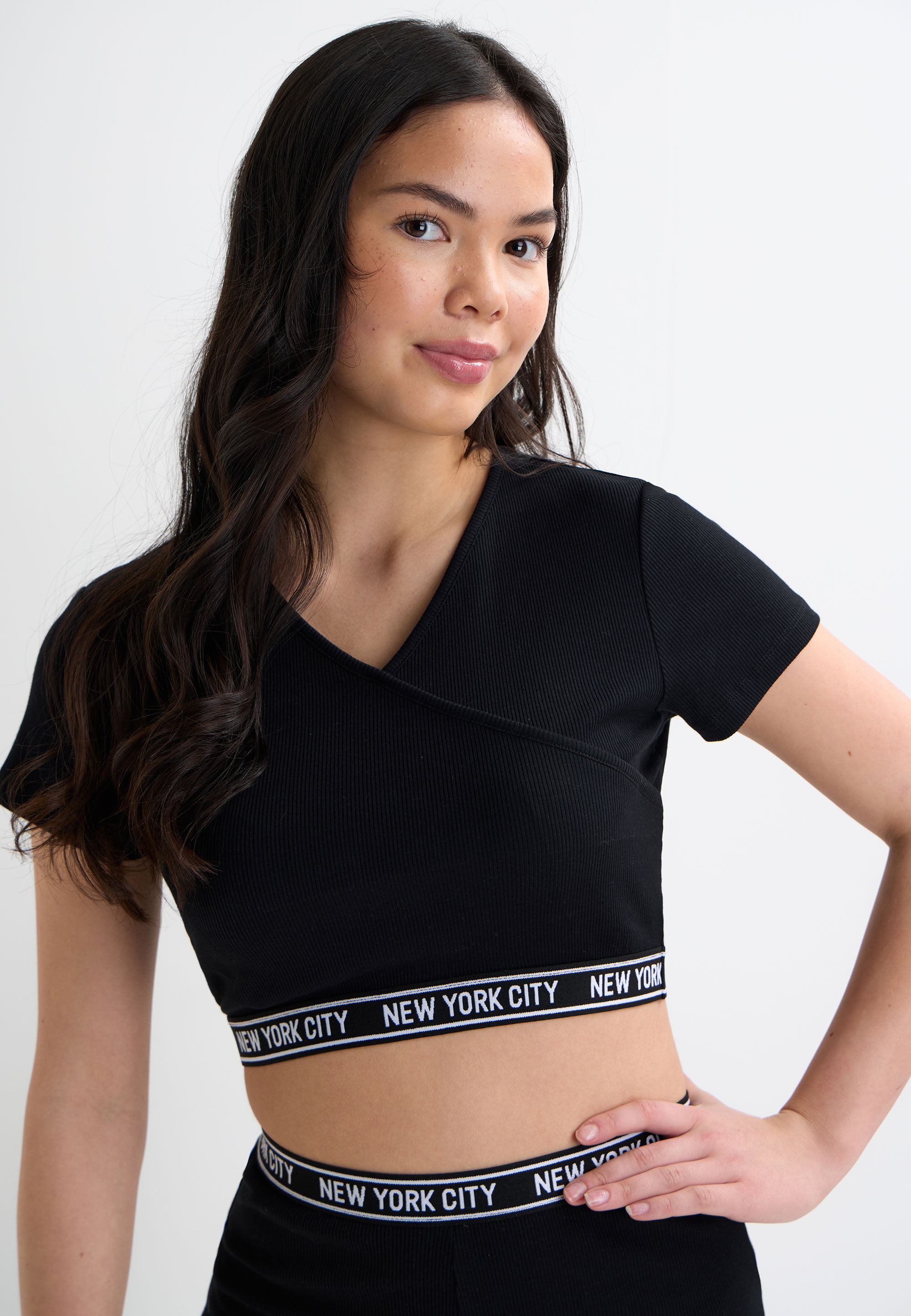 Older Girls Black NYC Waistband Ribbed Wrap Crop Top