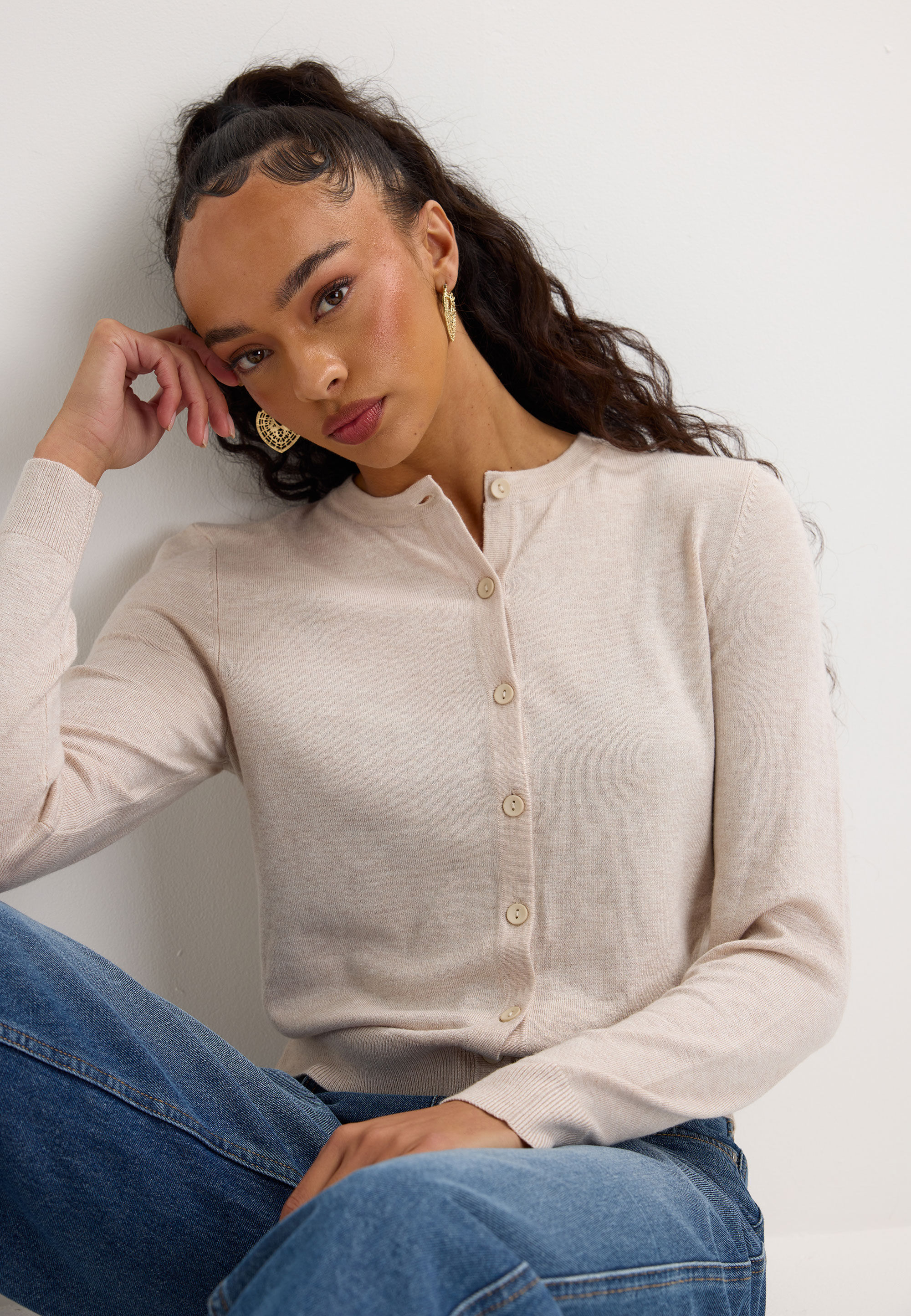 Womens Oatmeal Plain Crew Neck Cardigan