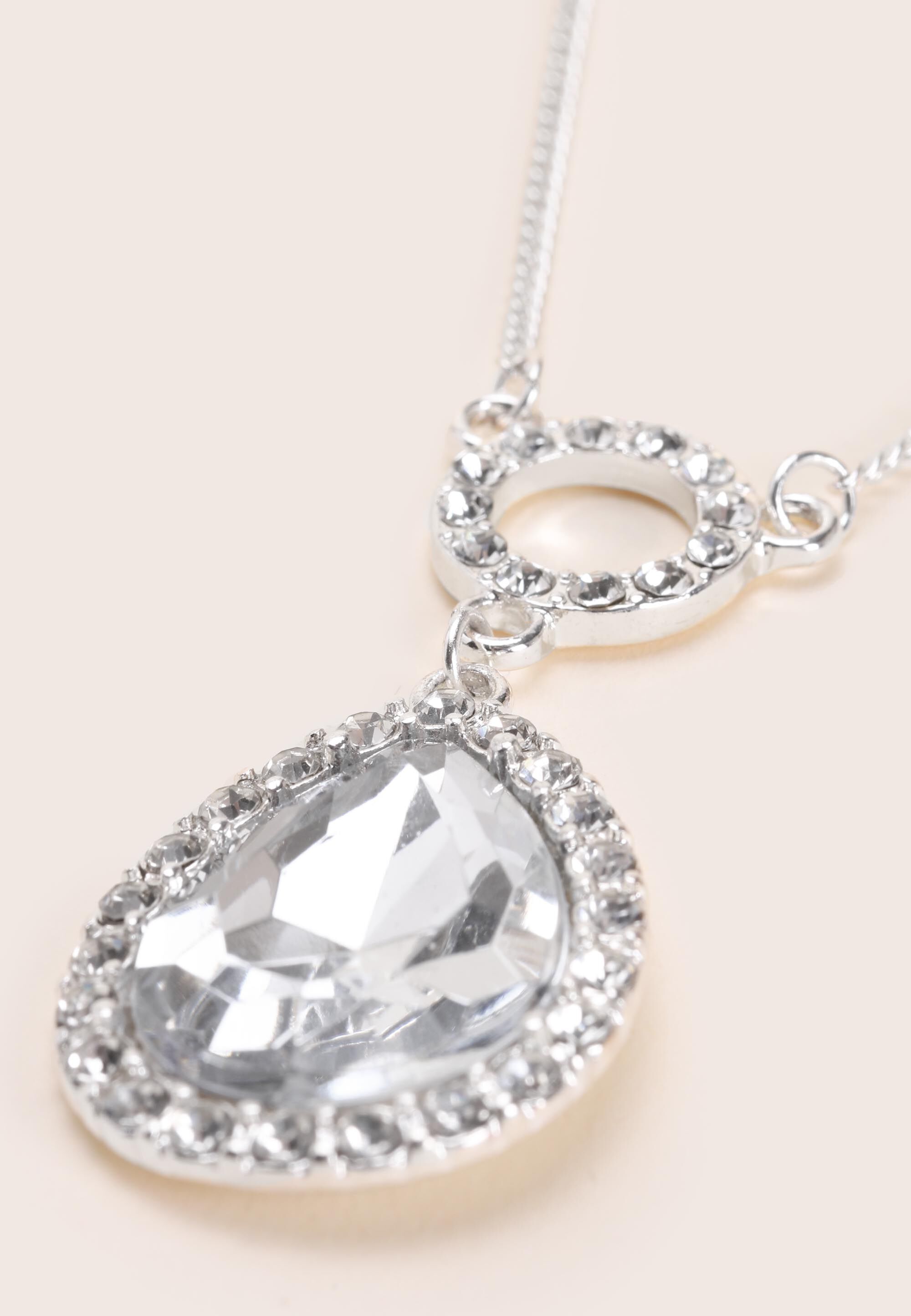 Womens Silver Long Diamante Drop Necklace