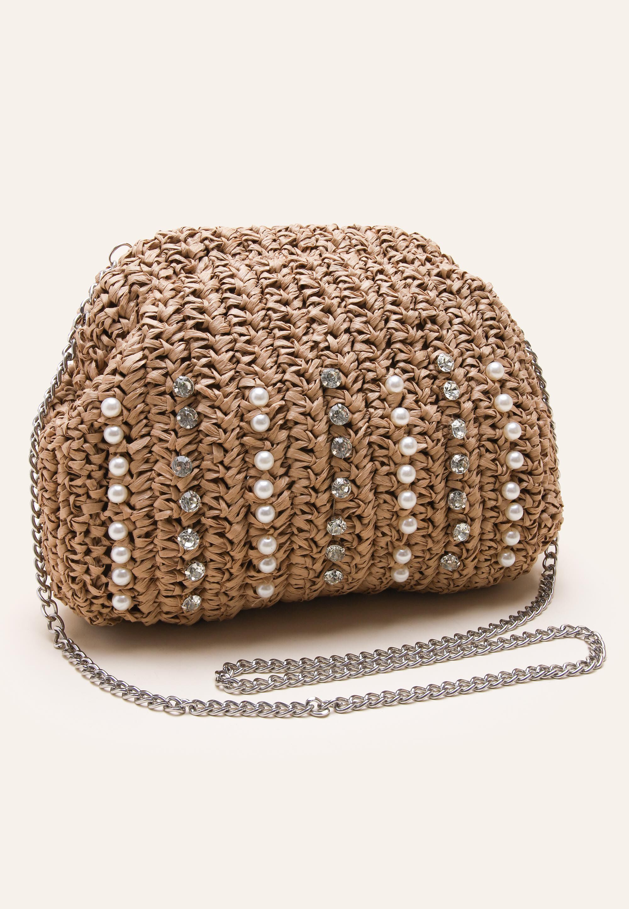 Womens Brown Straw Embellished Clutch Bag