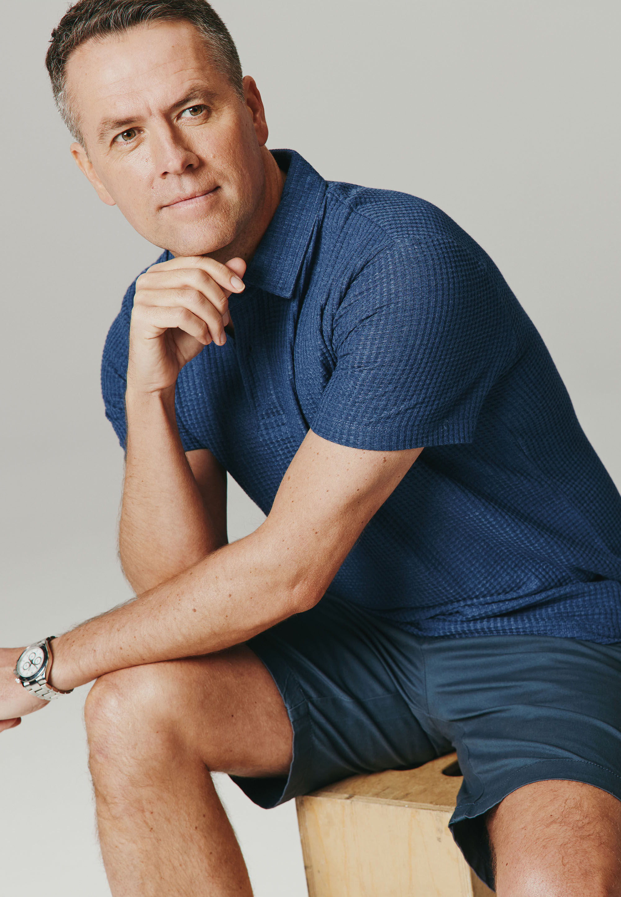 Mens Mid Blue Waffle Short Sleeve Polo Shirt