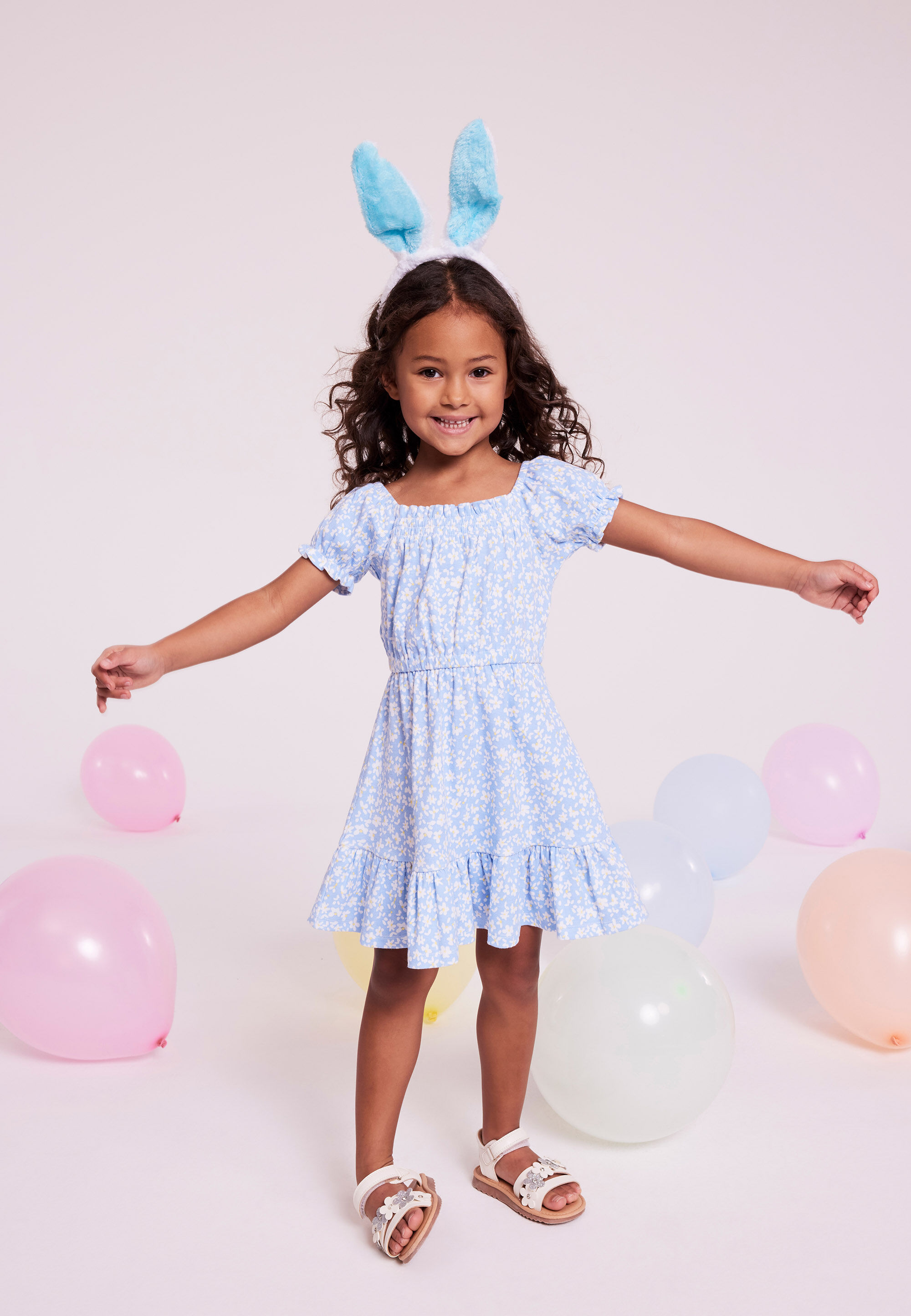 Younger Girls Blue Floral Frill Dress