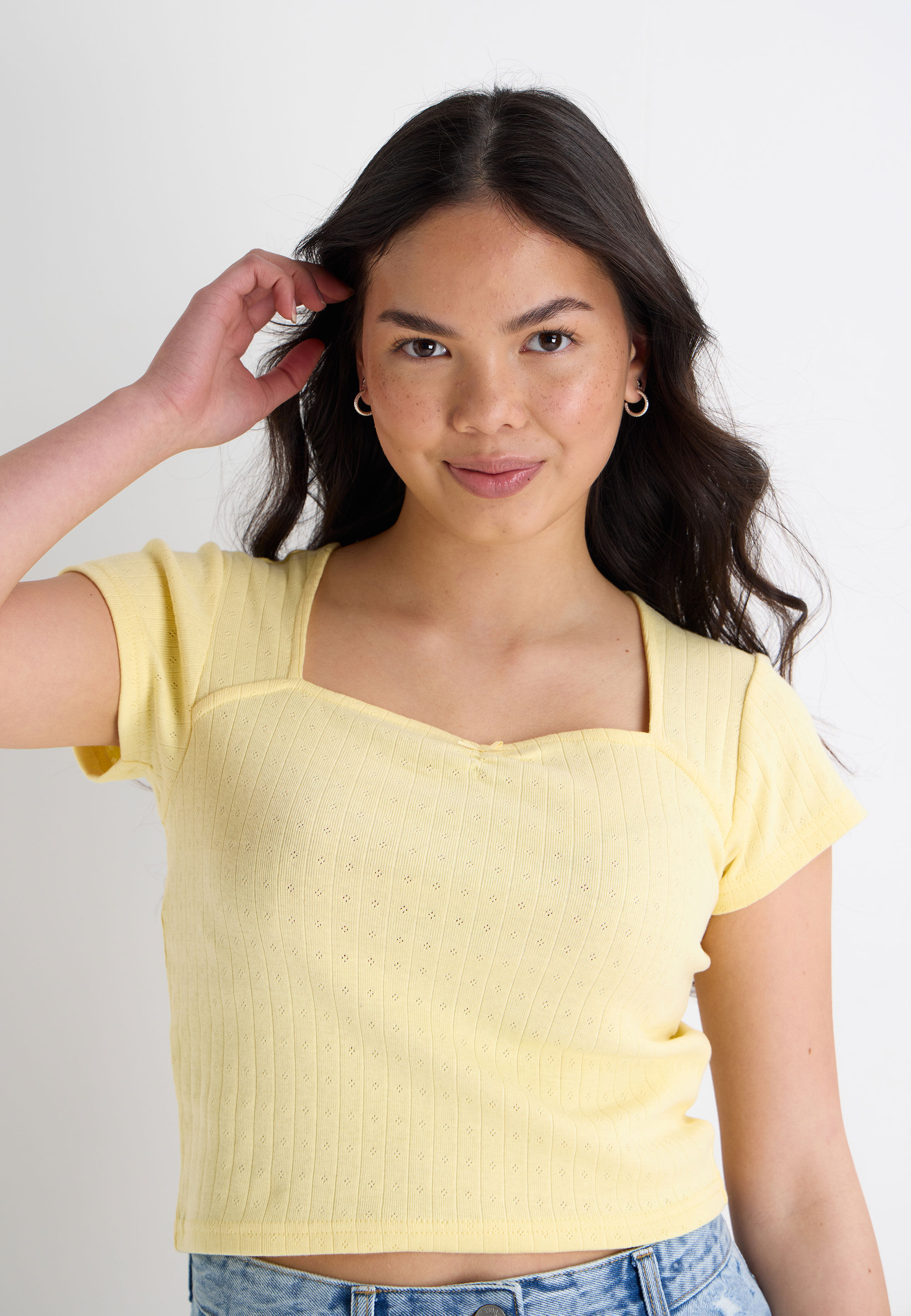 Younger Girls Lemon Yellow Pointelle Square Neck Top