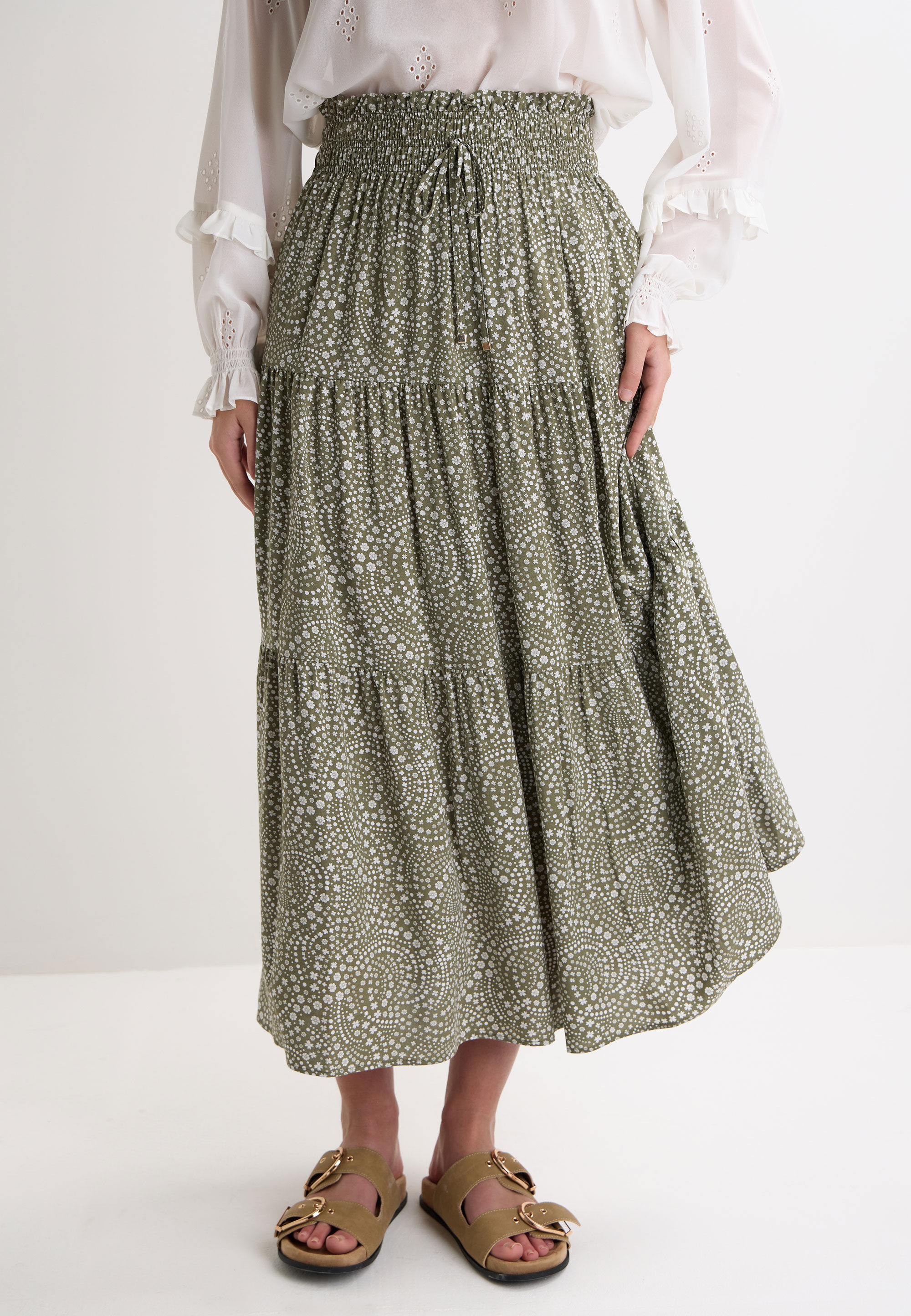 Womens Sage & Cream Floral Print Maxi Skirt