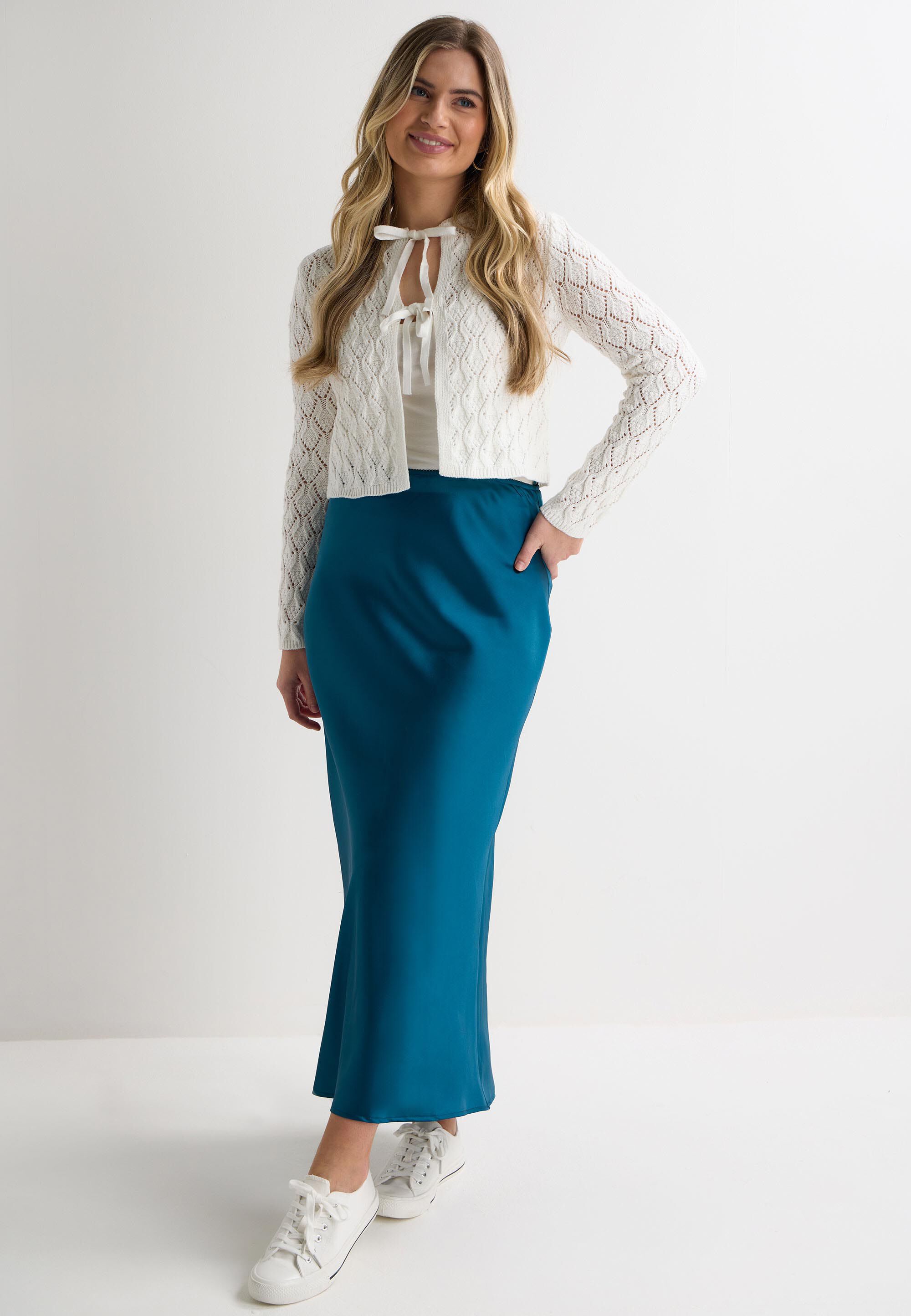 Womens Blue Satin Midi Slip Skirt