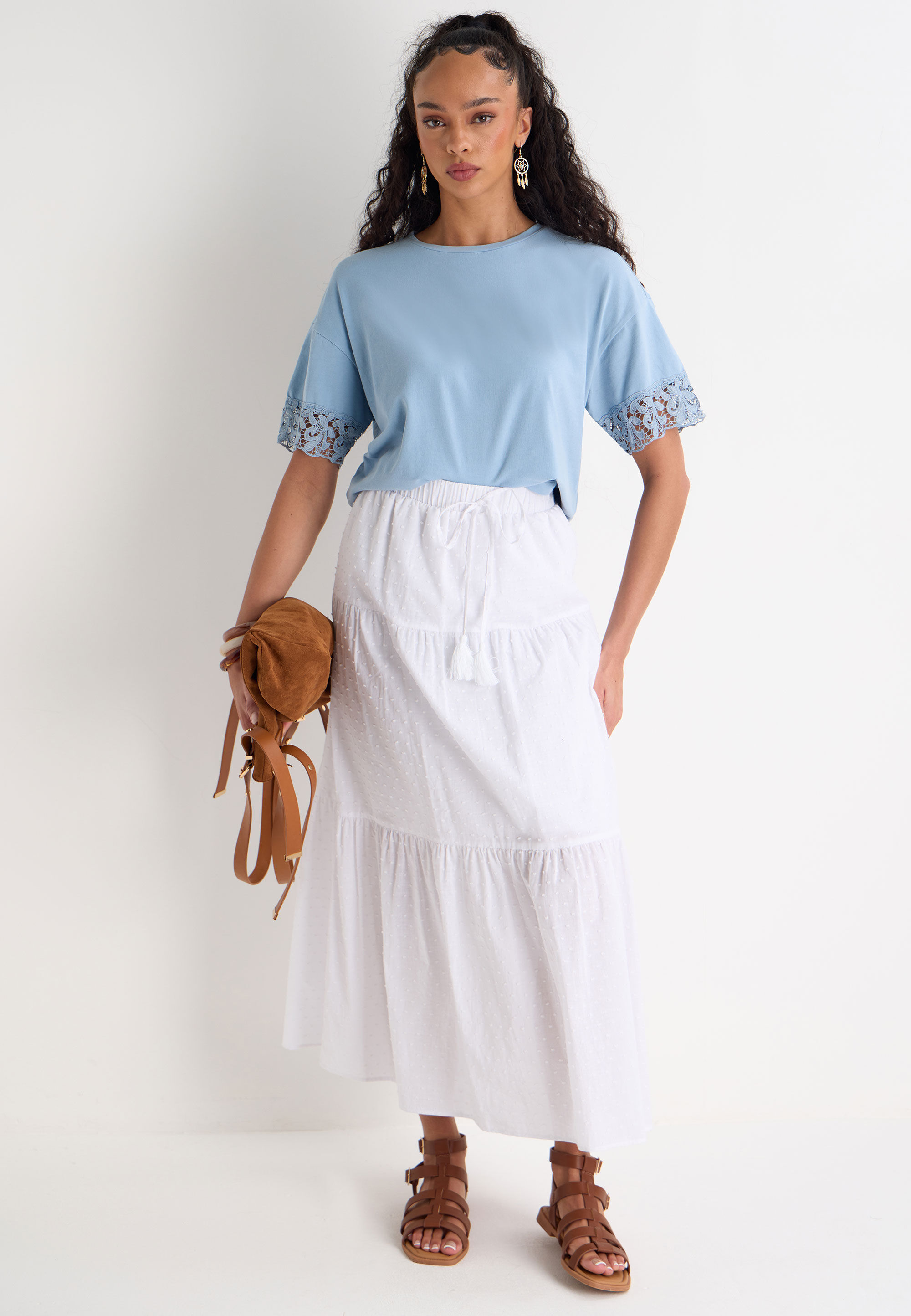 Womens Blue Acid Wash Short Lace Sleeve T-shirt