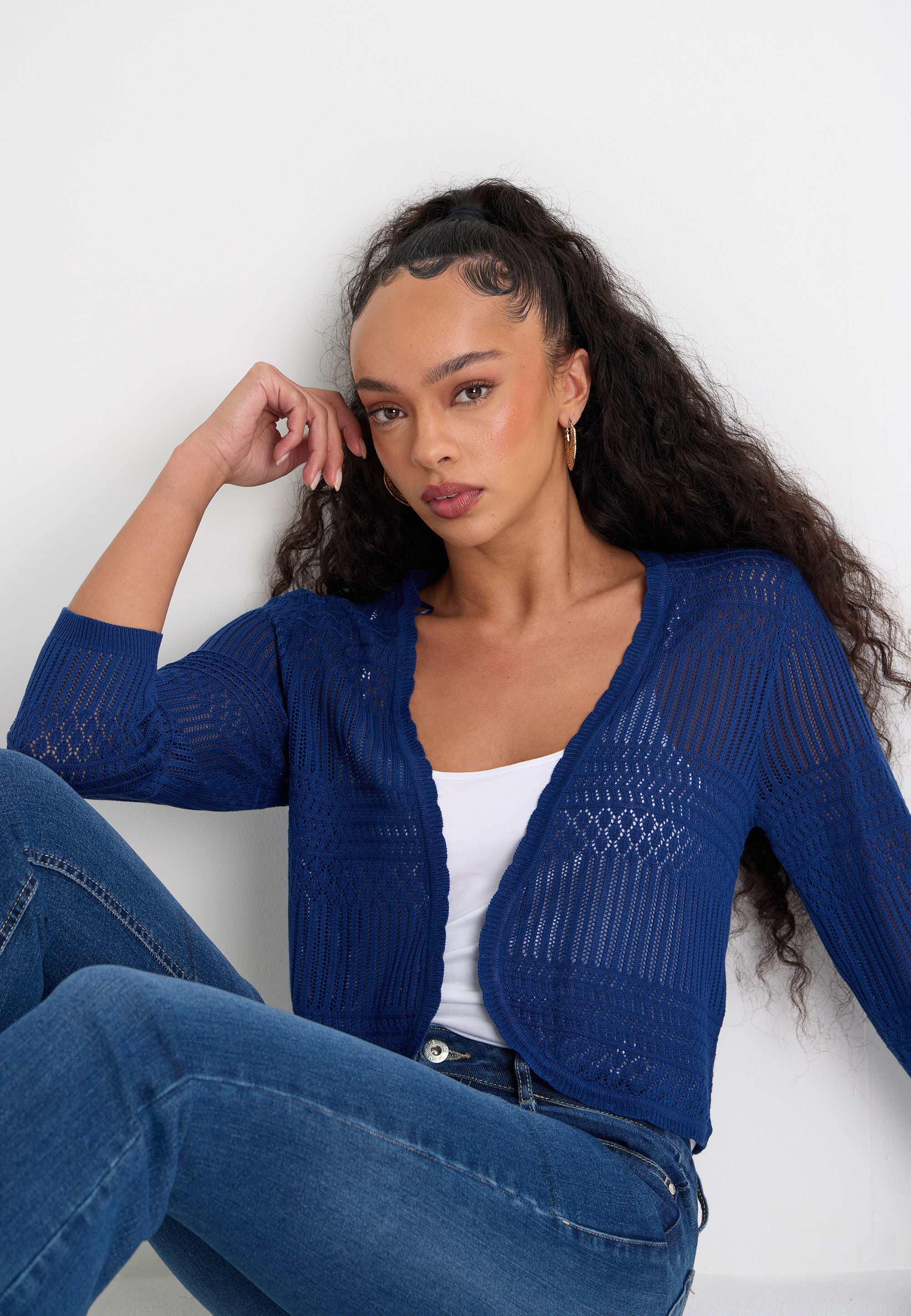 Womens Navy Pointelle Curve Hem Cardigan