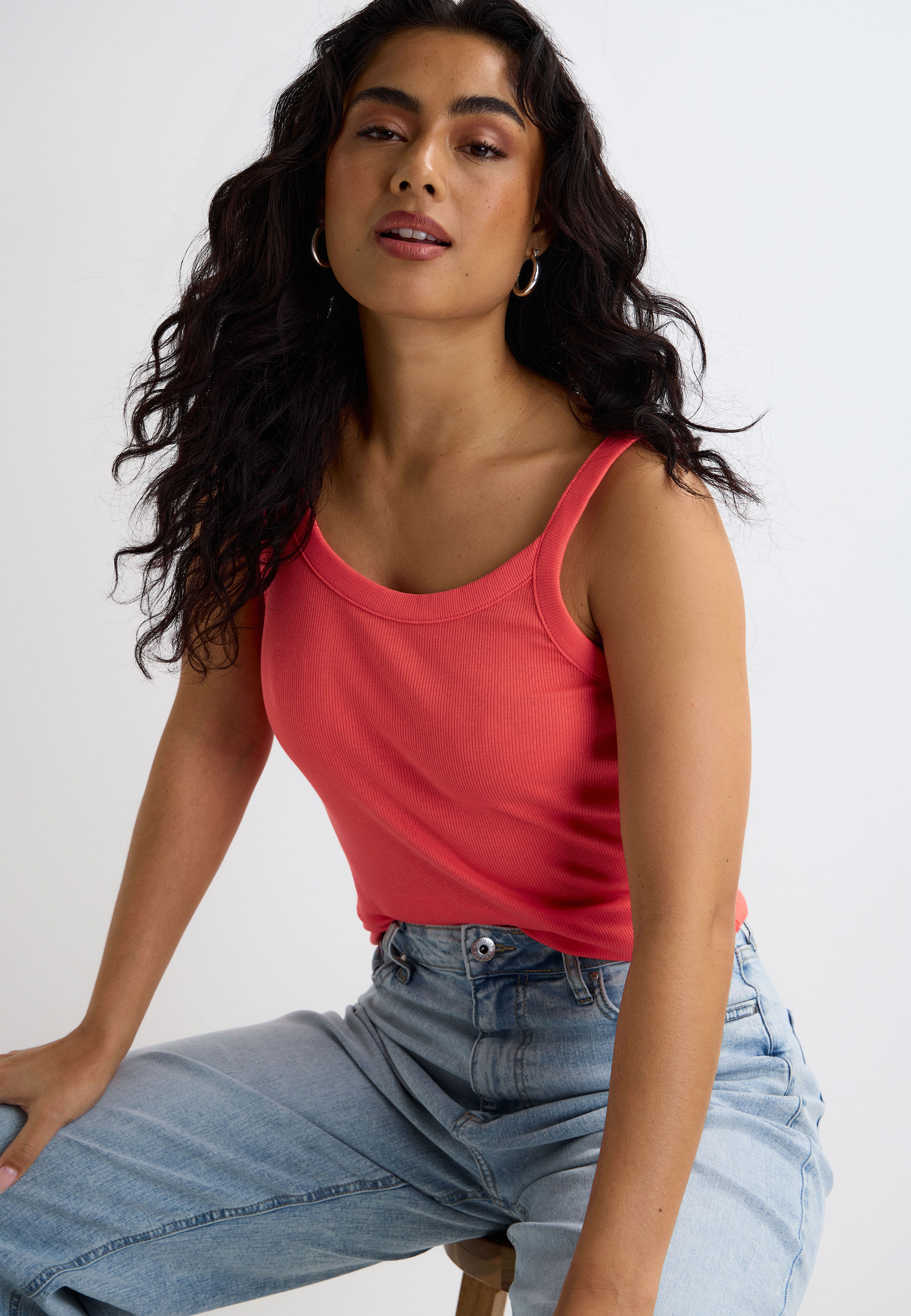 Womens Coral Plain Ribbed Cami Vest Top