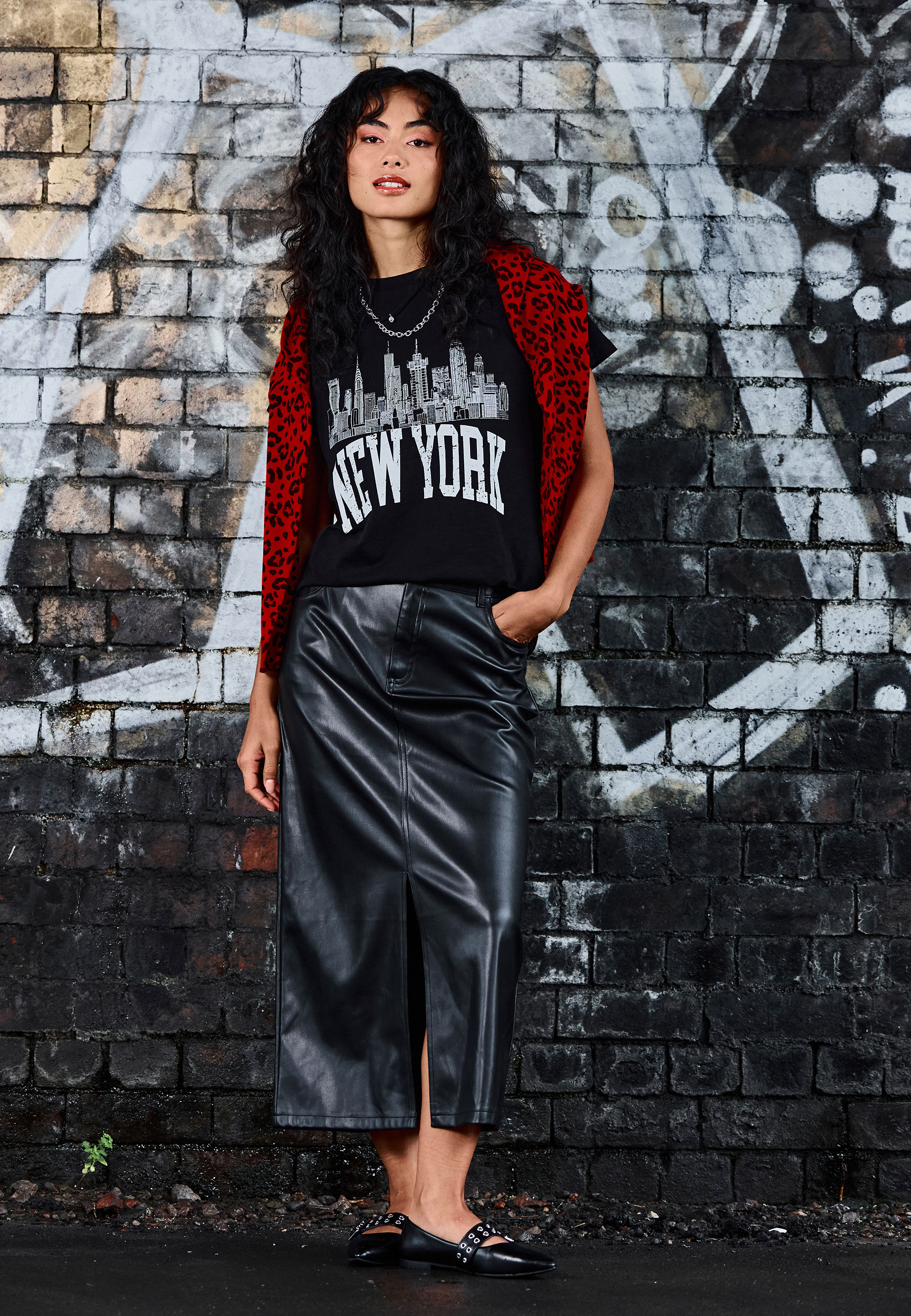 Womens Black Plain PU Midi Skirt