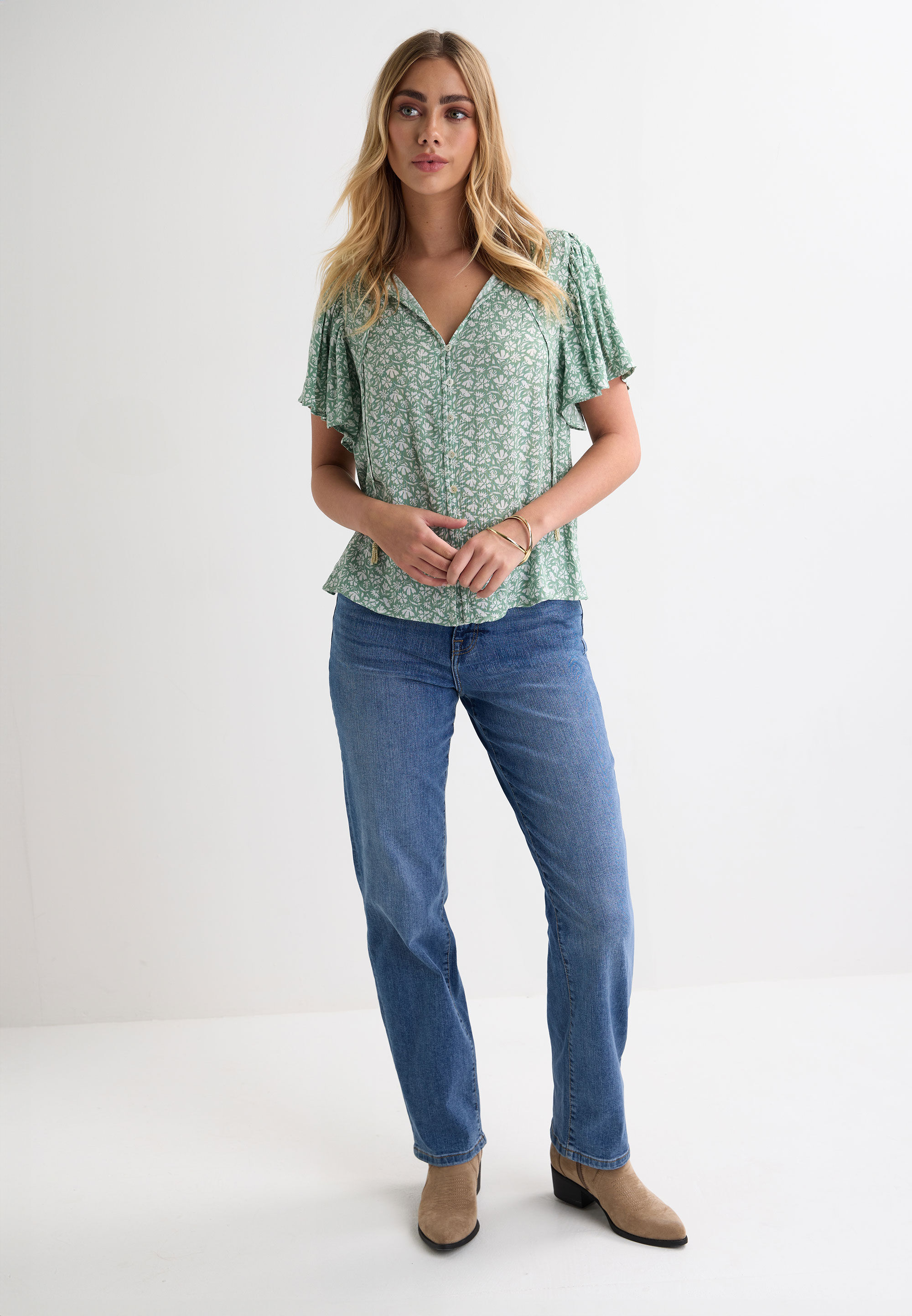 Womens Green Ditsy Flutter Sleeve Blouse Top
