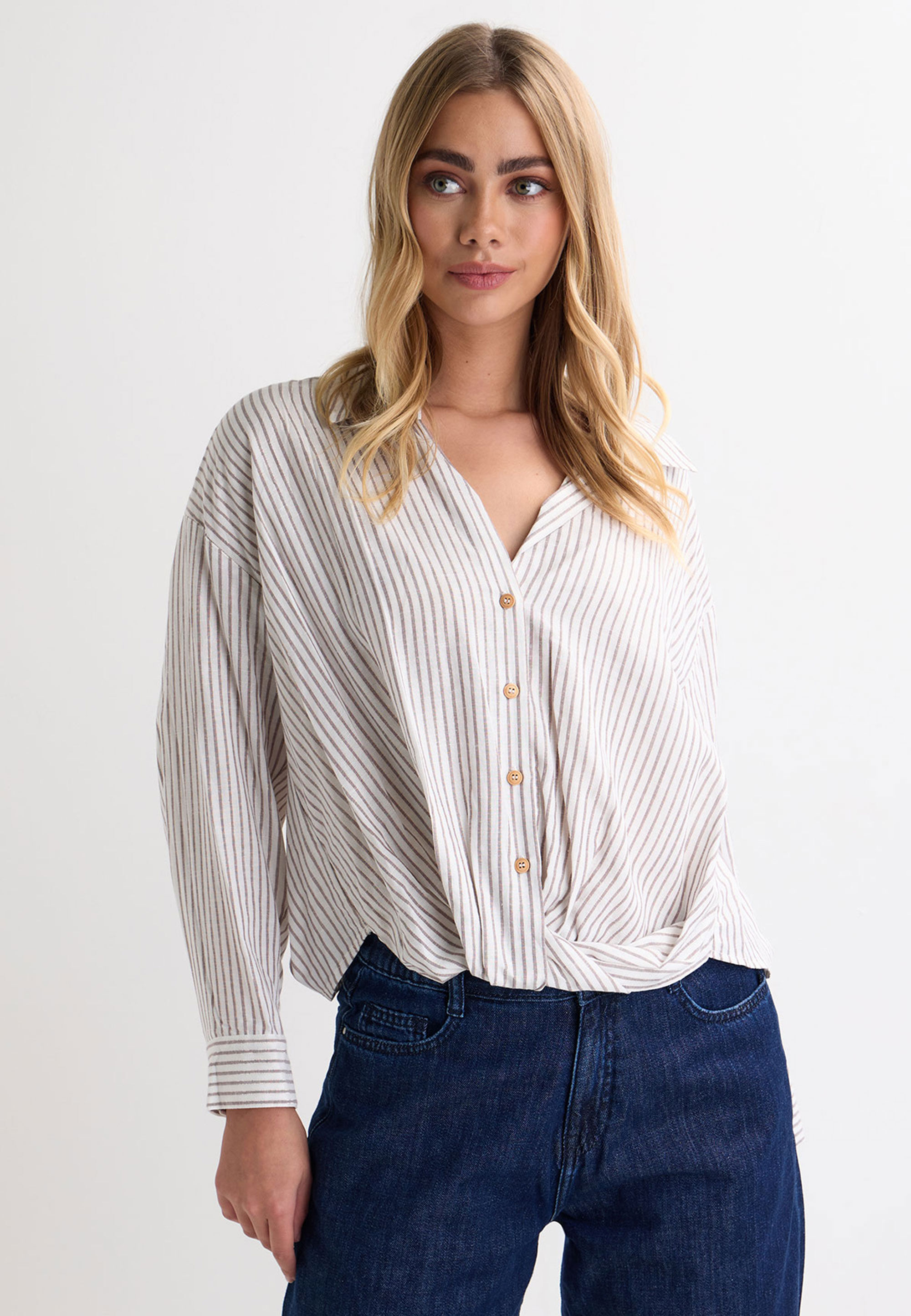 Womens Stone Stripe Lurex Twist Hem Shirt