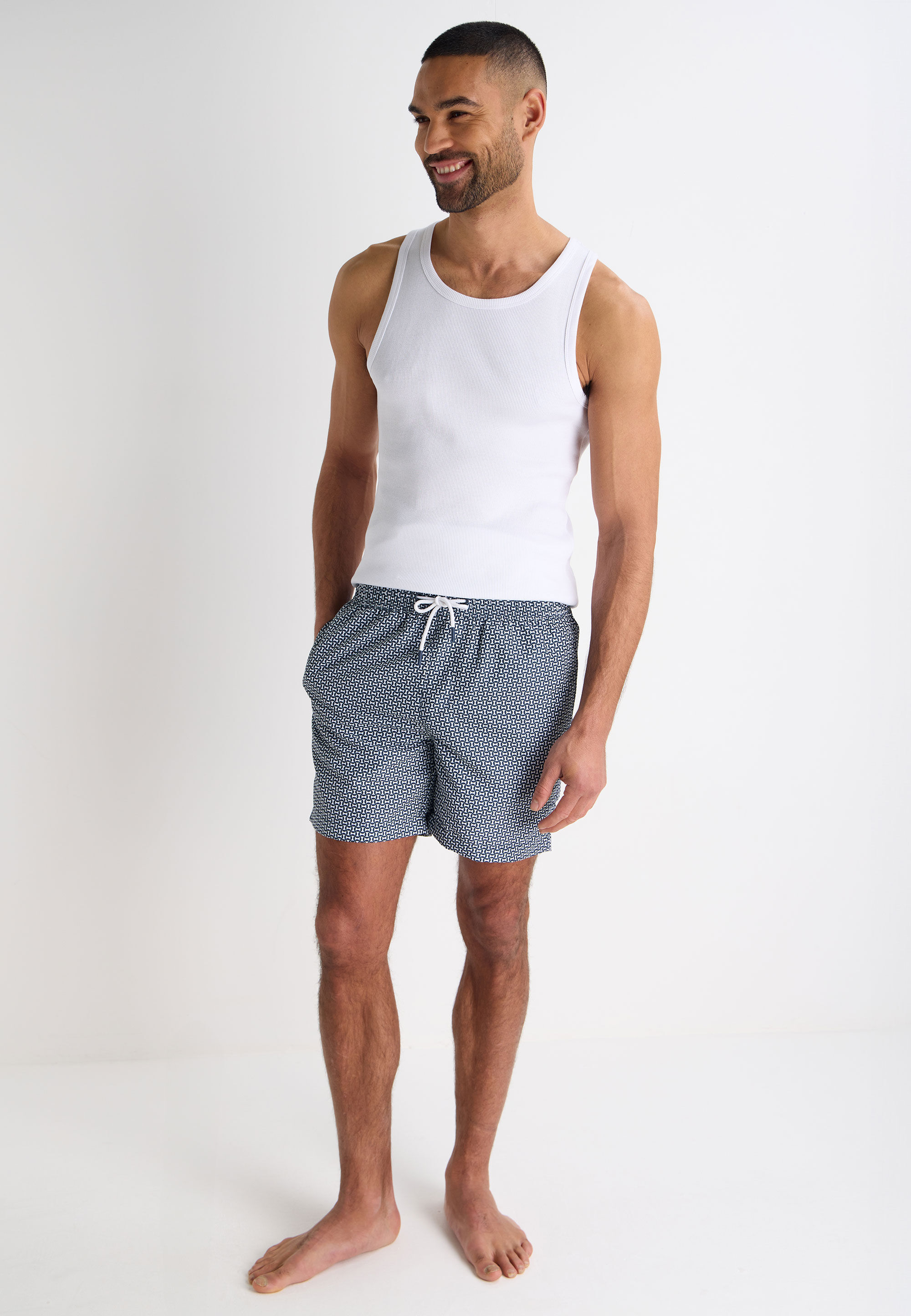 Mens Navy & White Geometric Print Swim Shorts