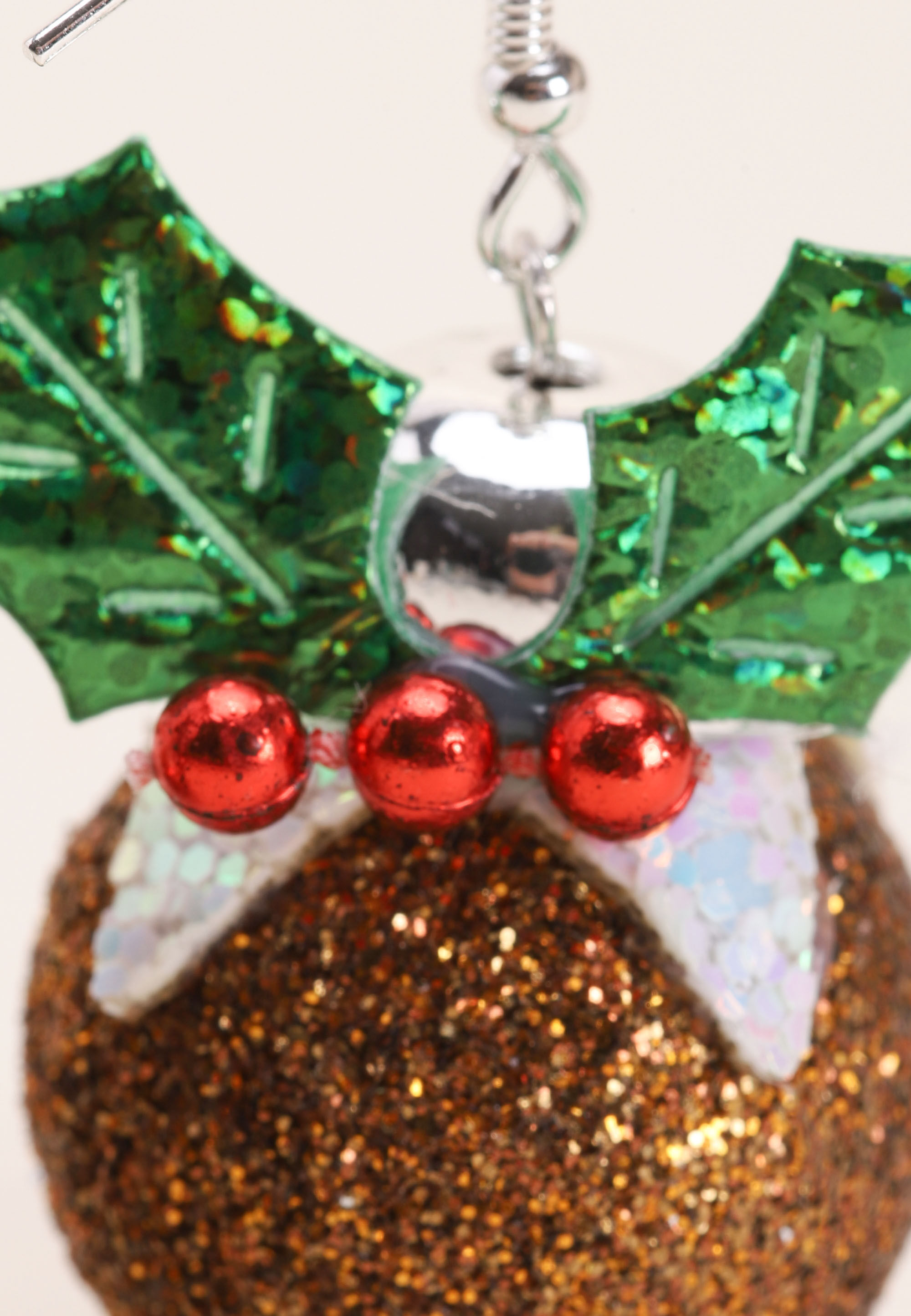 Womens Brown Glitter Christmas Pudding Earrings