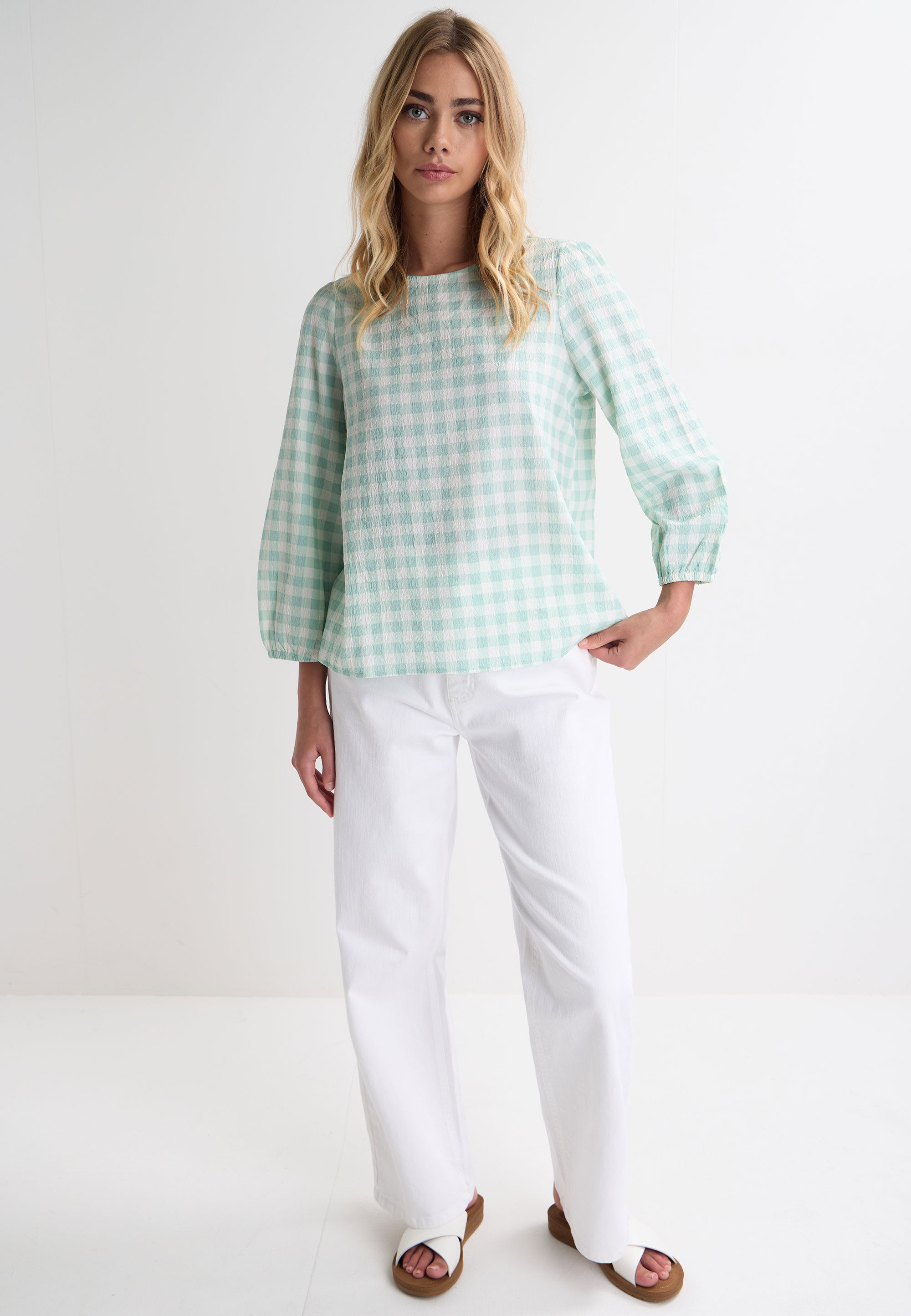 Womens Sage Gingham Checked Long Sleeve Top