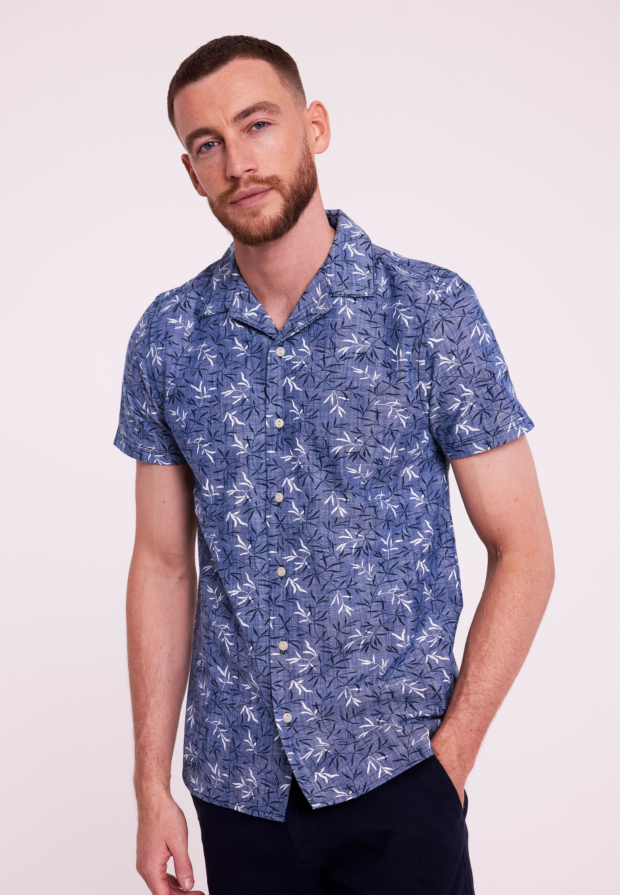 Mens Blue Leaf Print Cotton Chambray Shirt