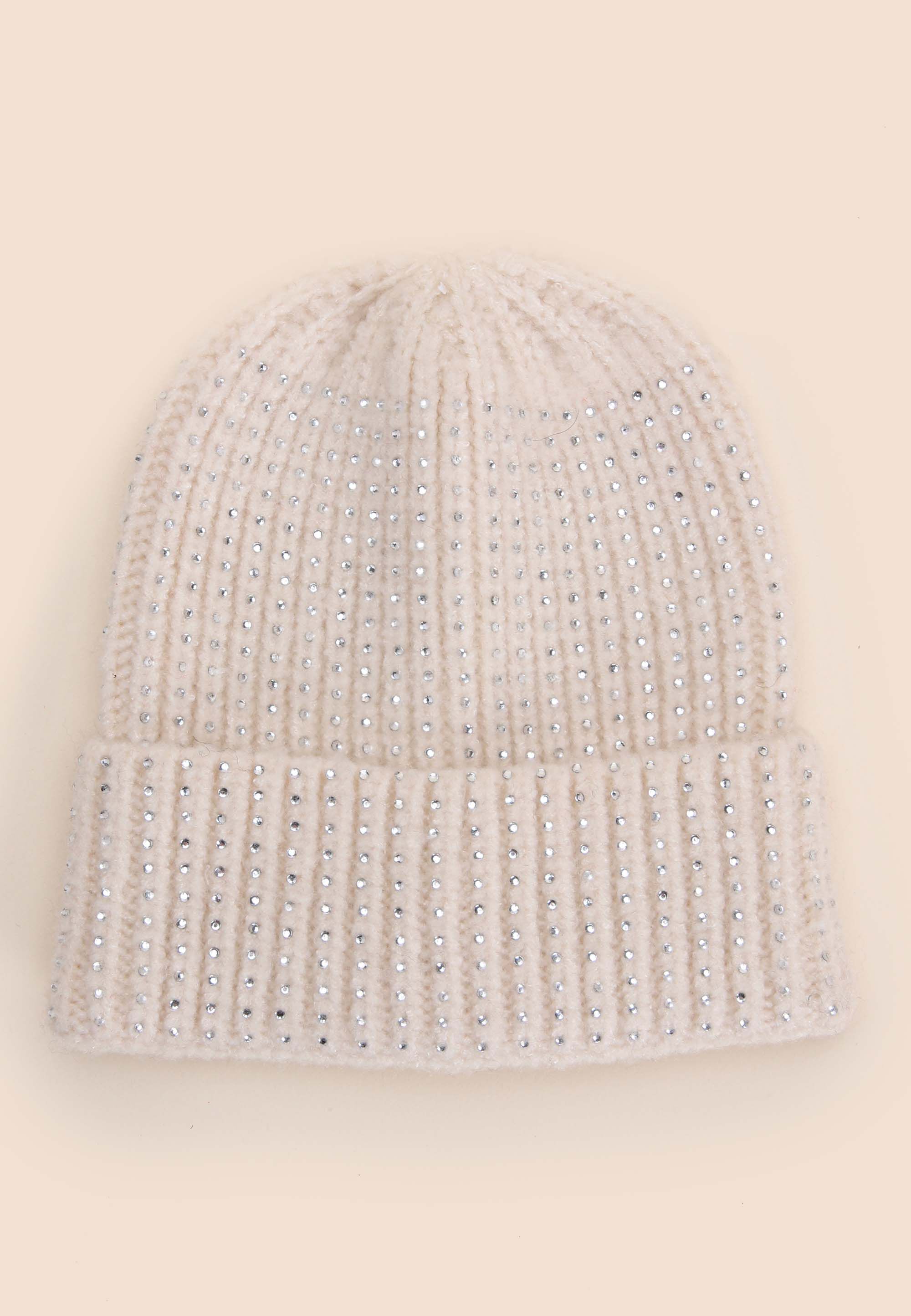 Womens Cream Knit Diamante Beanie Hat