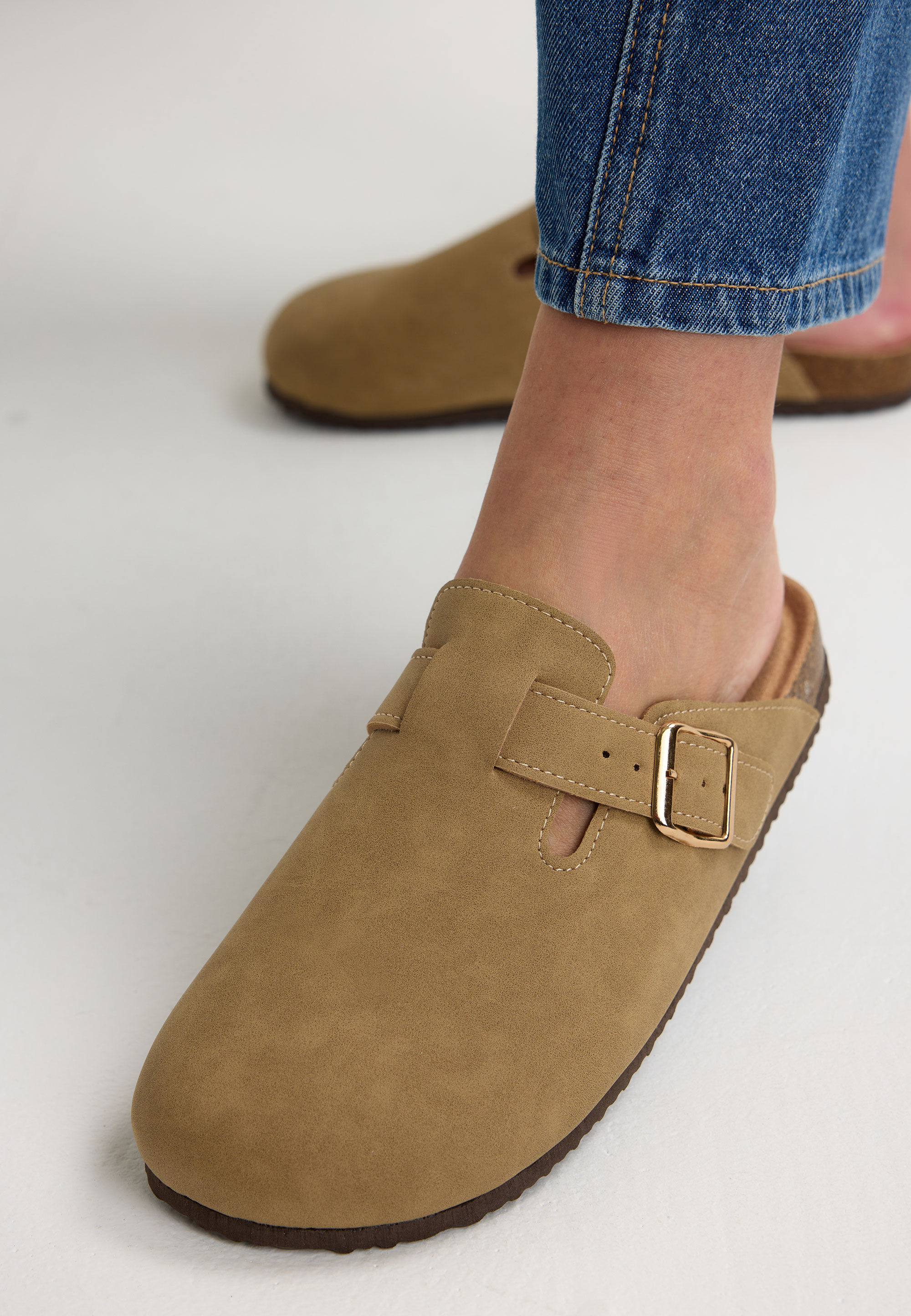 Womens Taupe Suedette Closed Toe Flat Mules