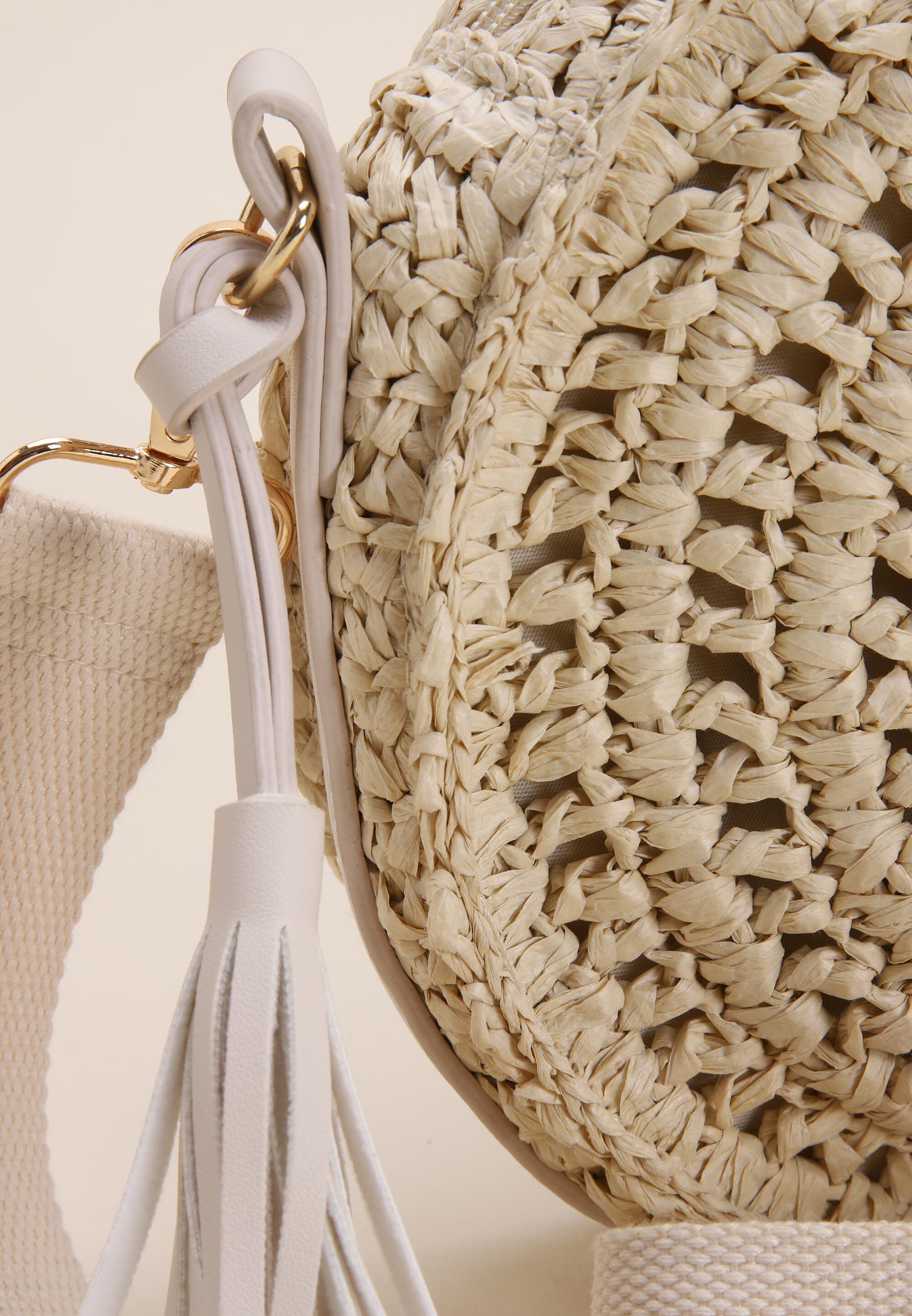 Womens Natural Straw Round Tassel Shoulder Bag