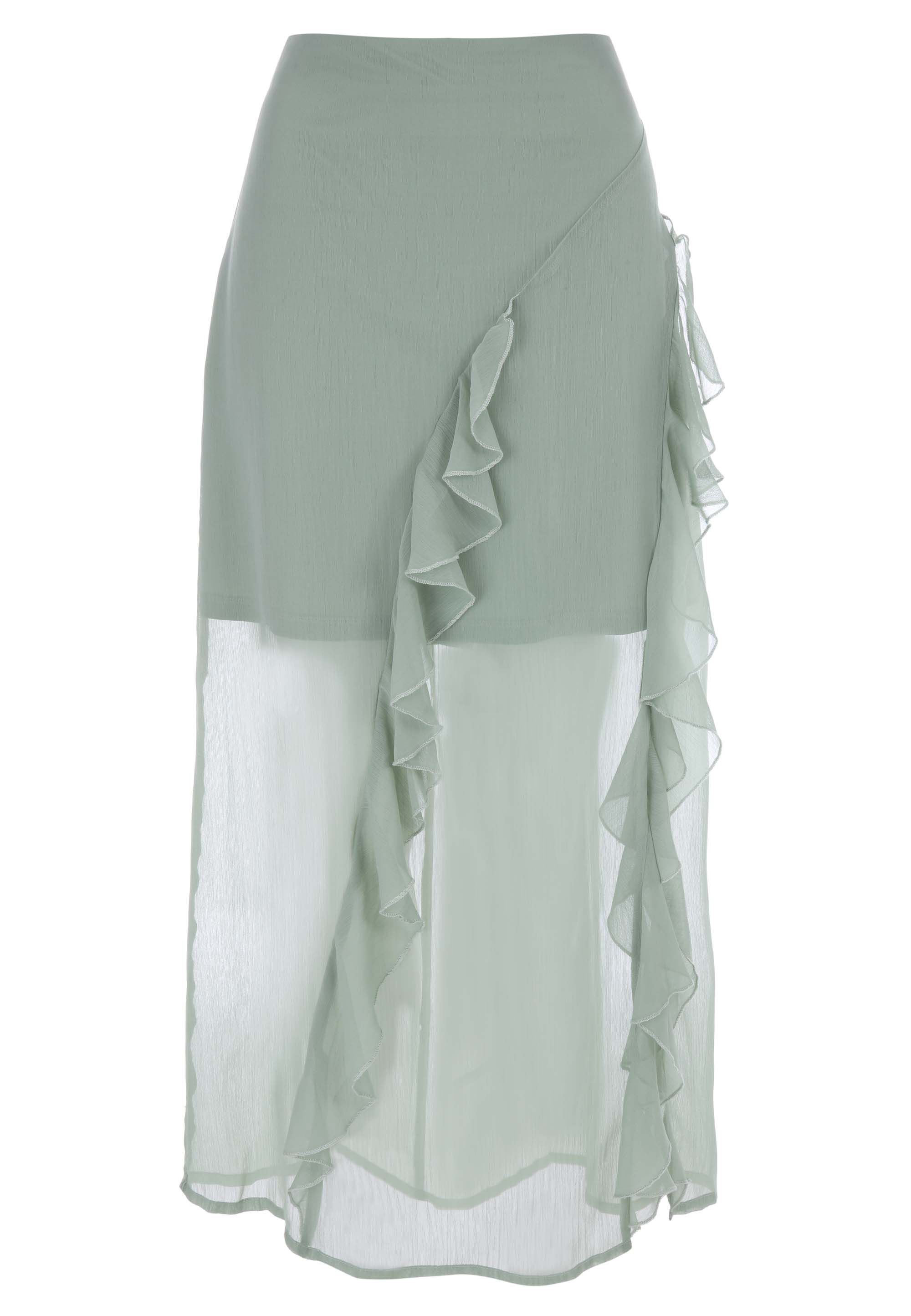 Womens Green Ruffle Sheer Midi Skirt
