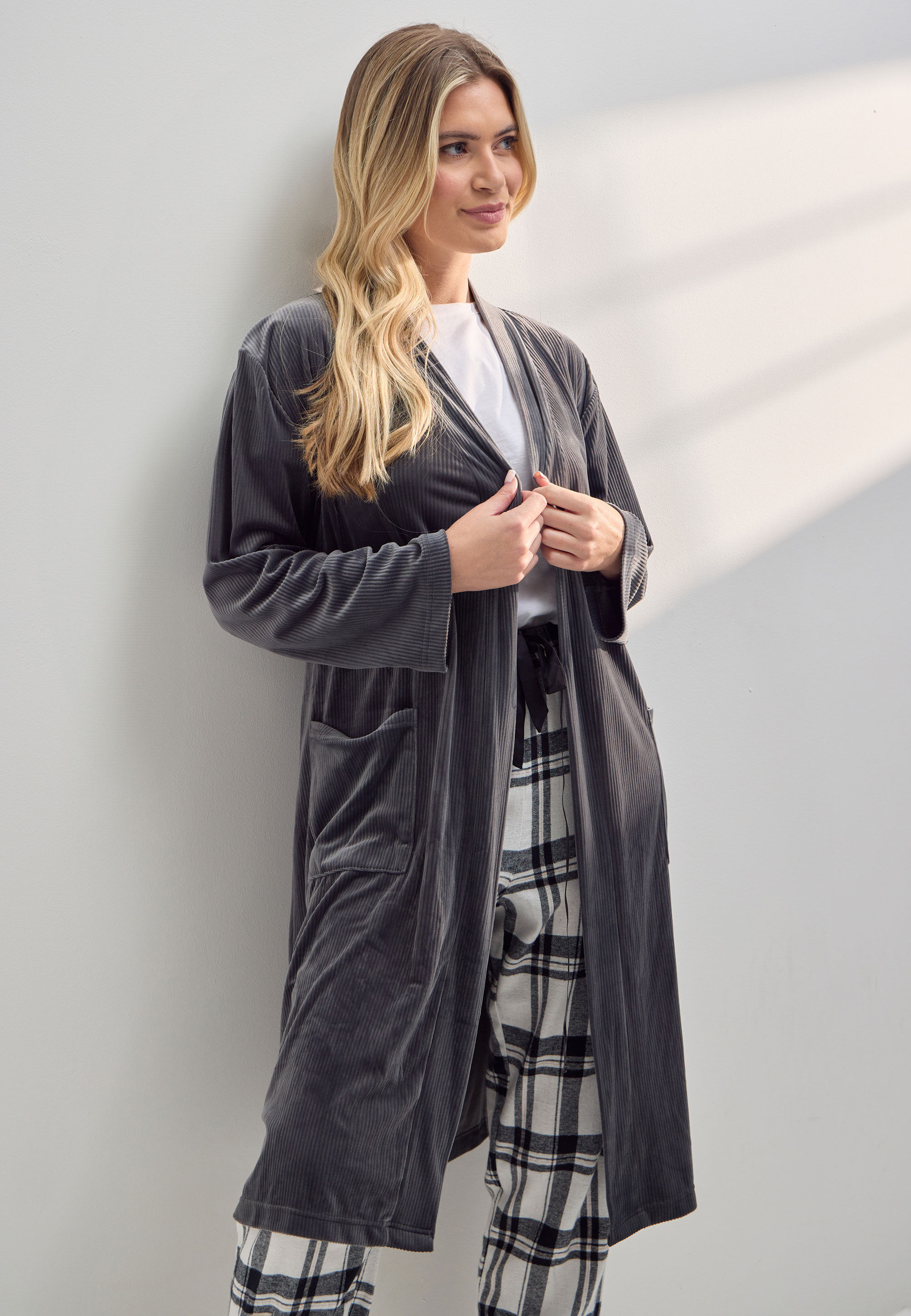 Womens Charcoal Island Fleece Ribbed Dressing Gown