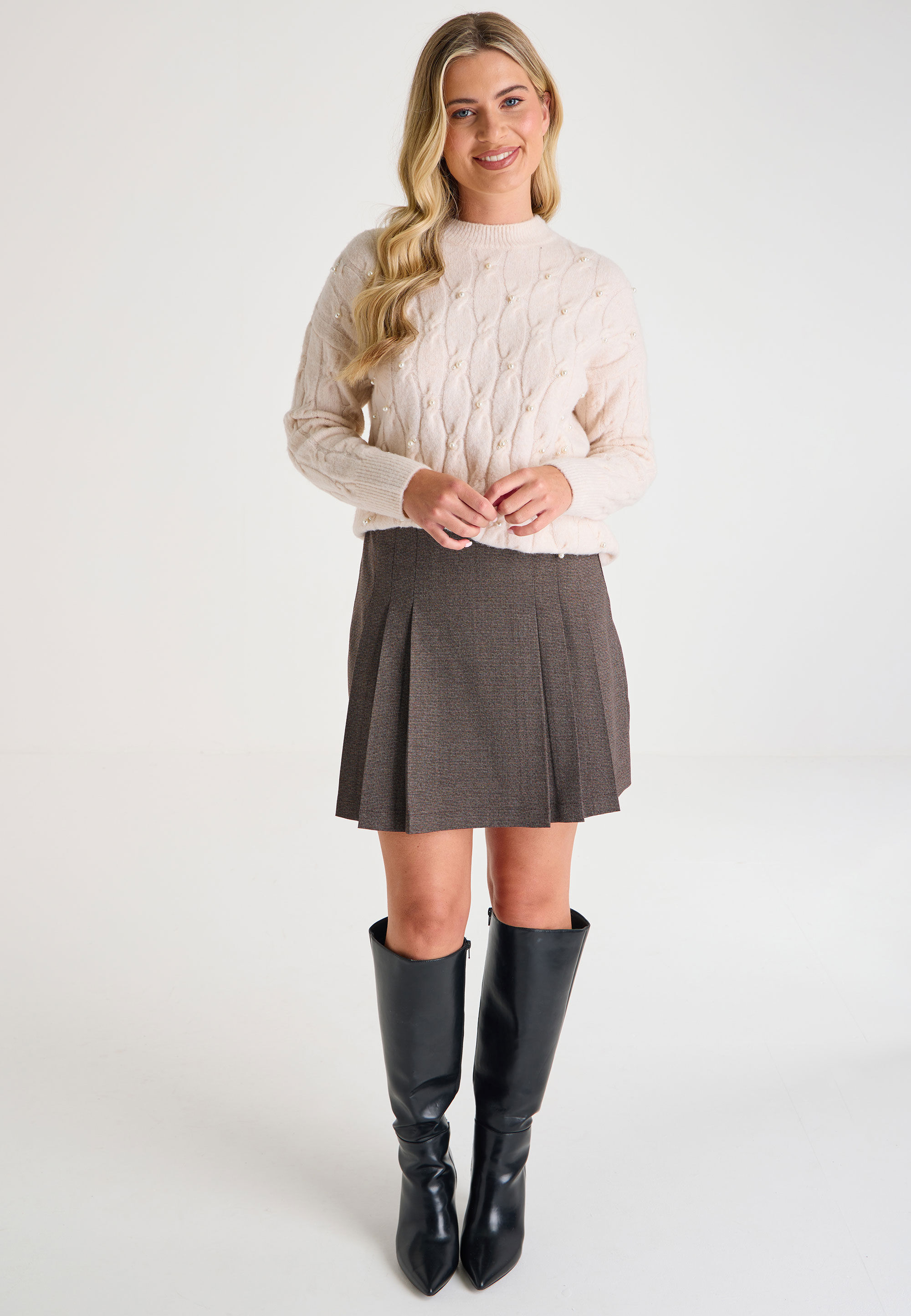 Womens Brown Check Pleated Mini Skirt