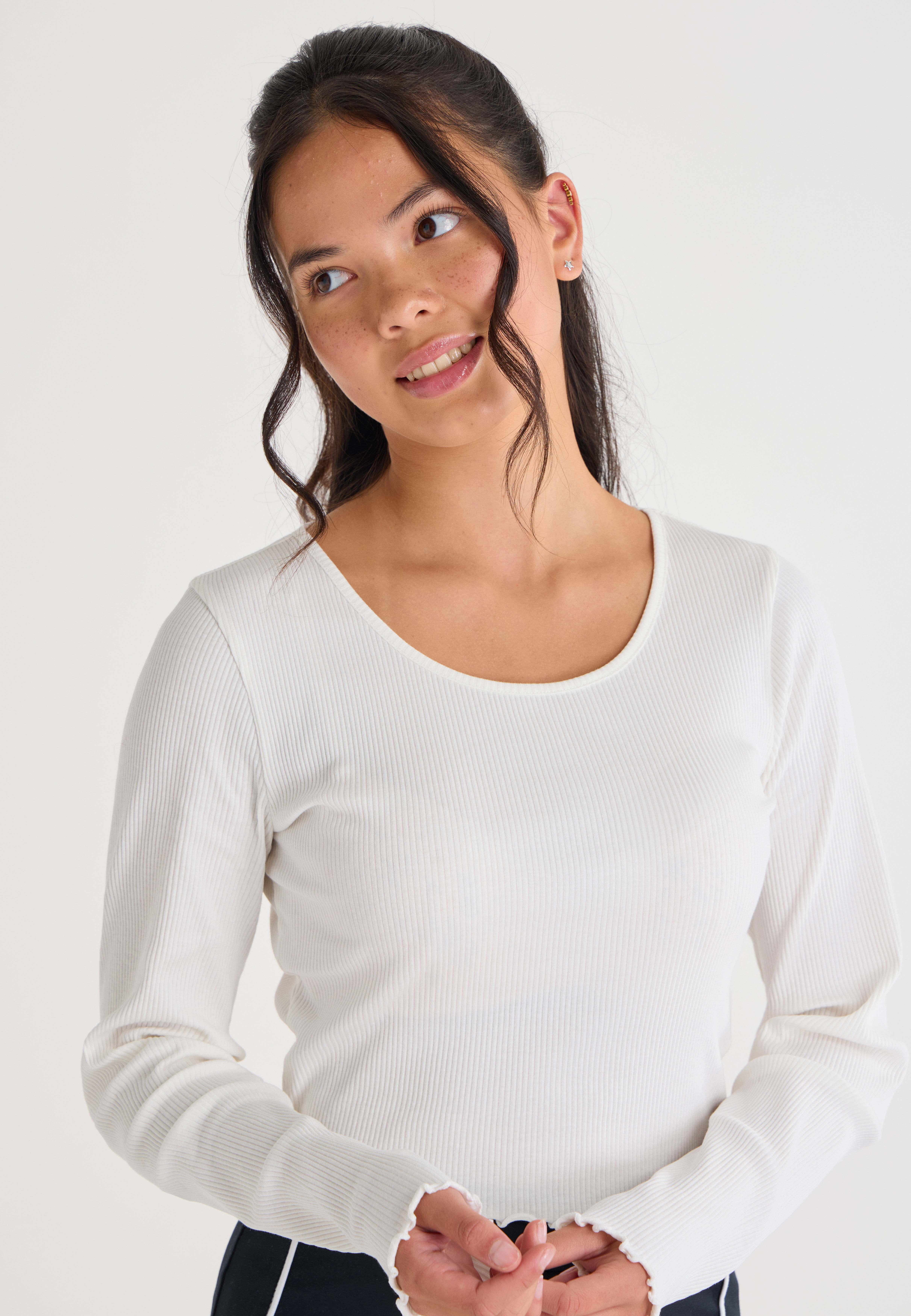 Older Girls Cream Ribbed Scoop Neck Top