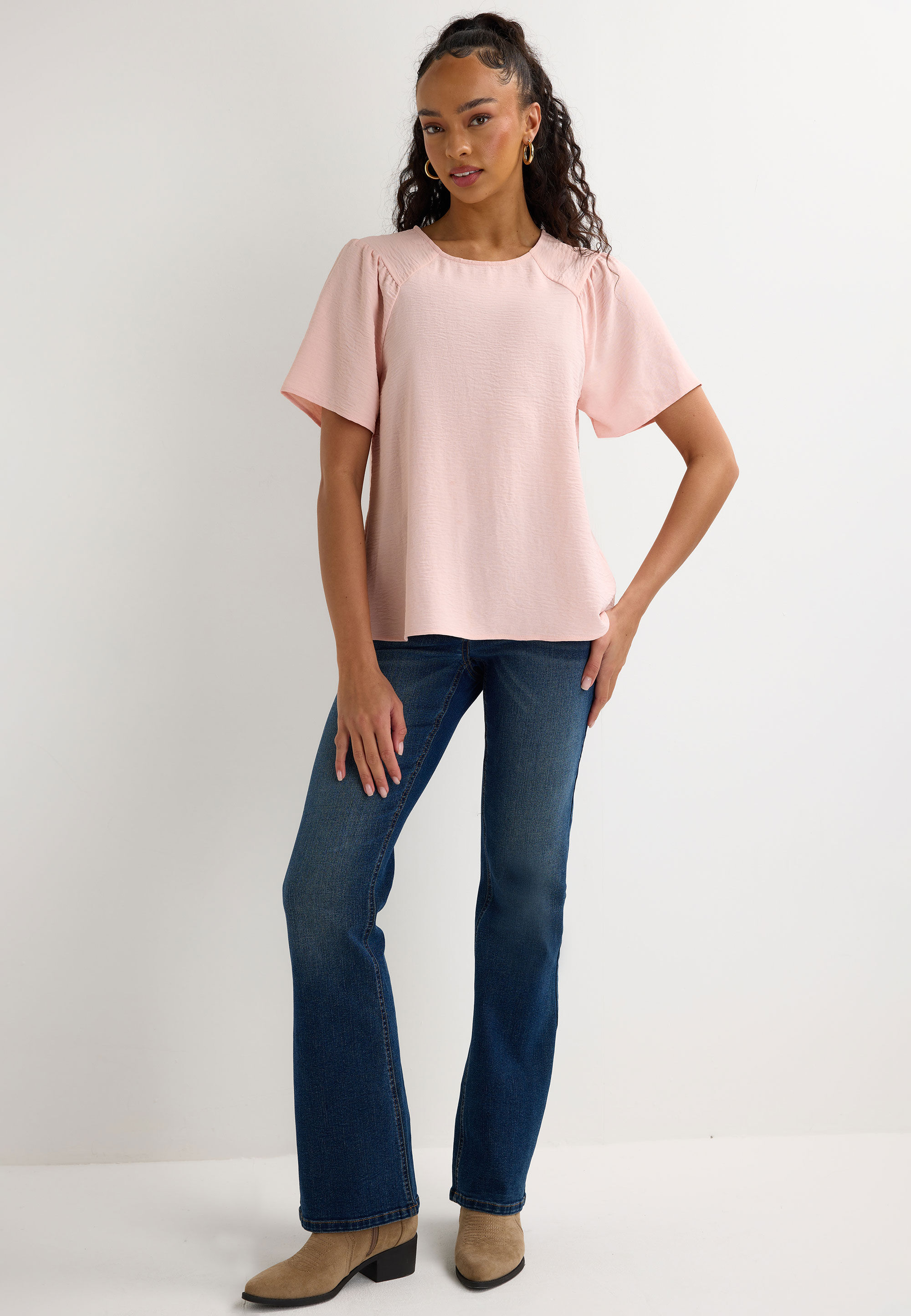 Womens Pink Plain Flutter Sleeve Shell Top