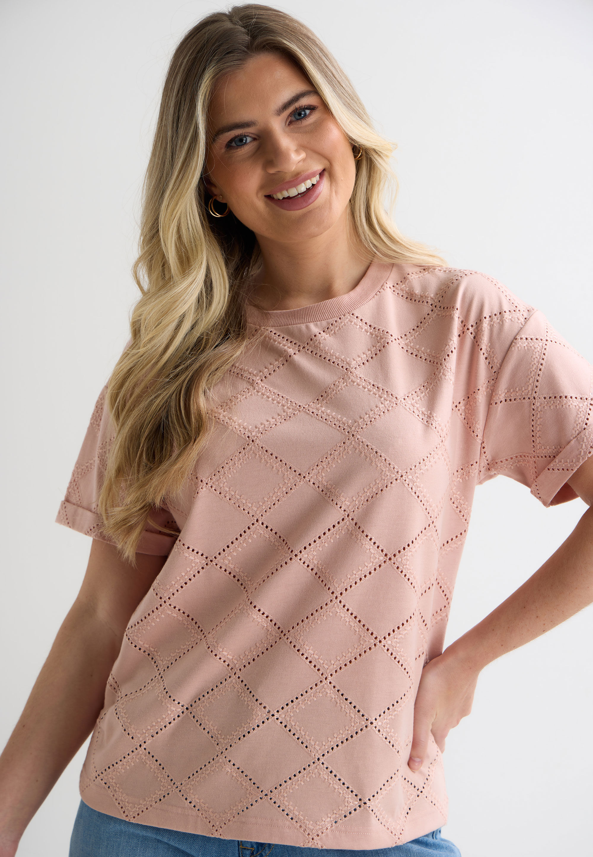 Womens Pink Broderie Pattern Roll Sleeve T-Shirt